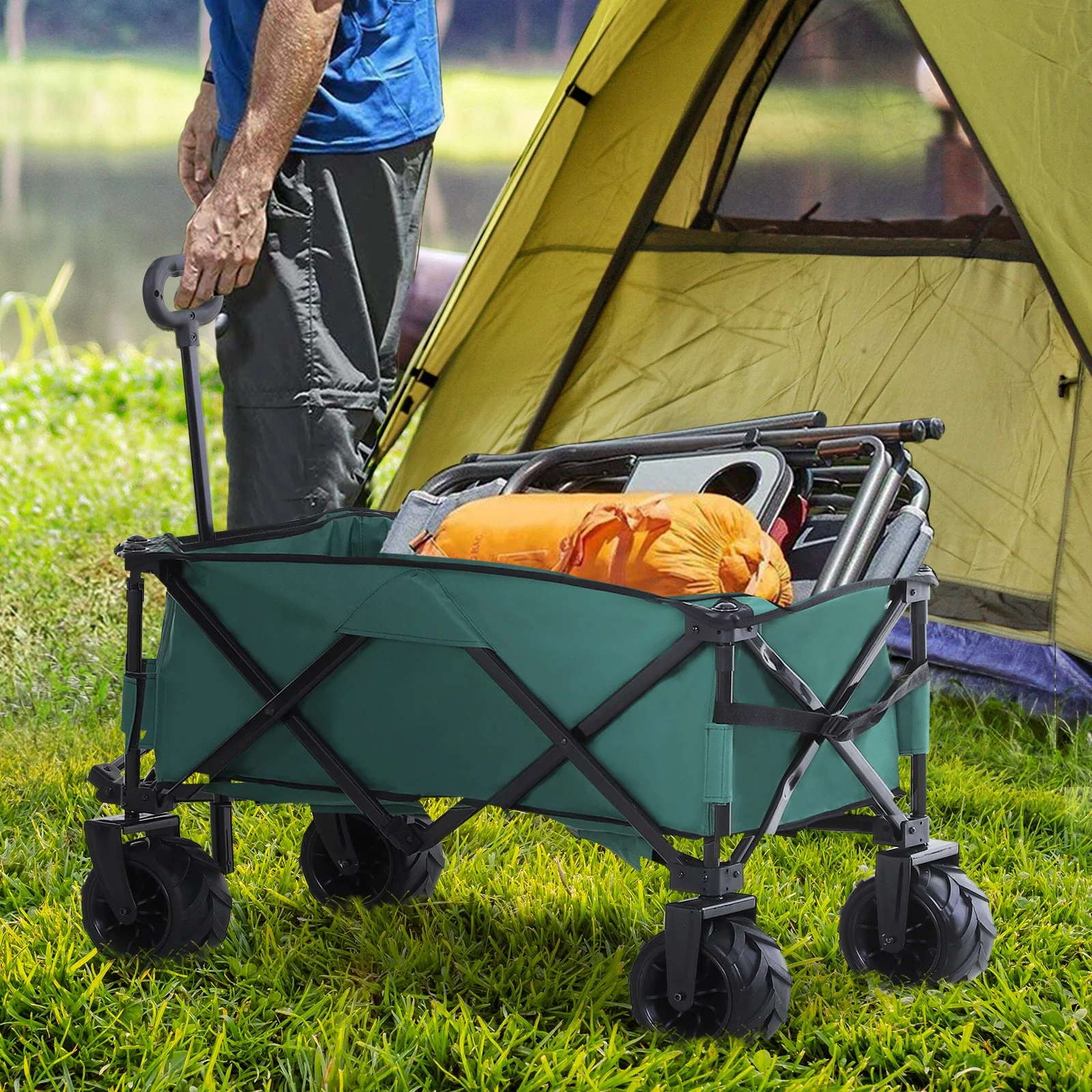 Outsunny Folding Metal Frame Garden Trolley - Green - Image 8
