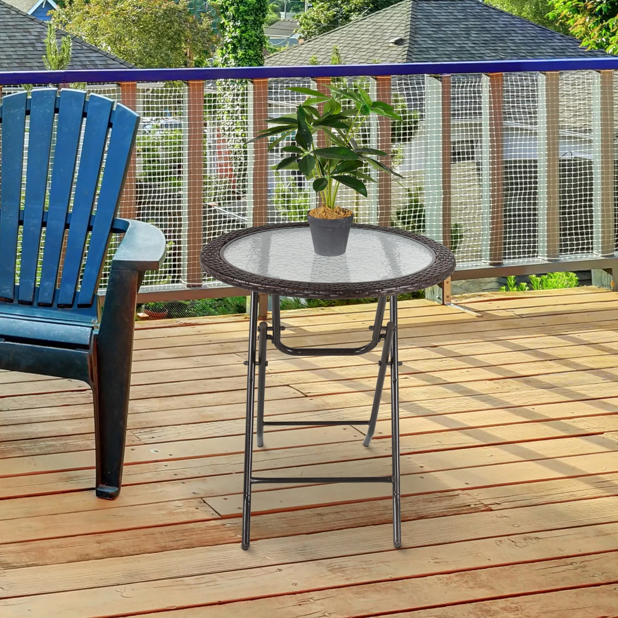 Outsunny Folding Round Tempered Glass Metal Table with Brown Rattan Edging - Image 2