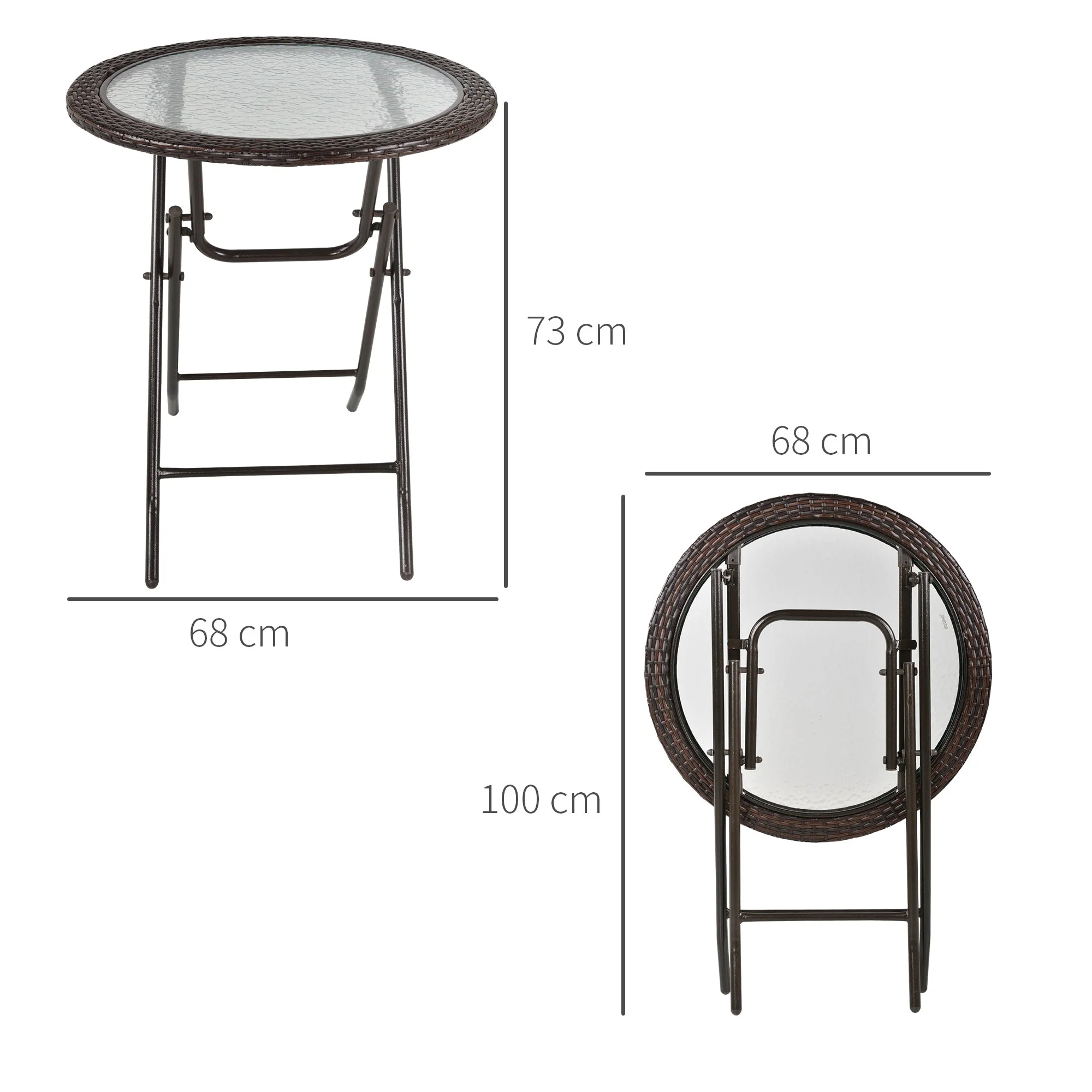 Outsunny Folding Round Tempered Glass Metal Table with Brown Rattan Edging - Image 3