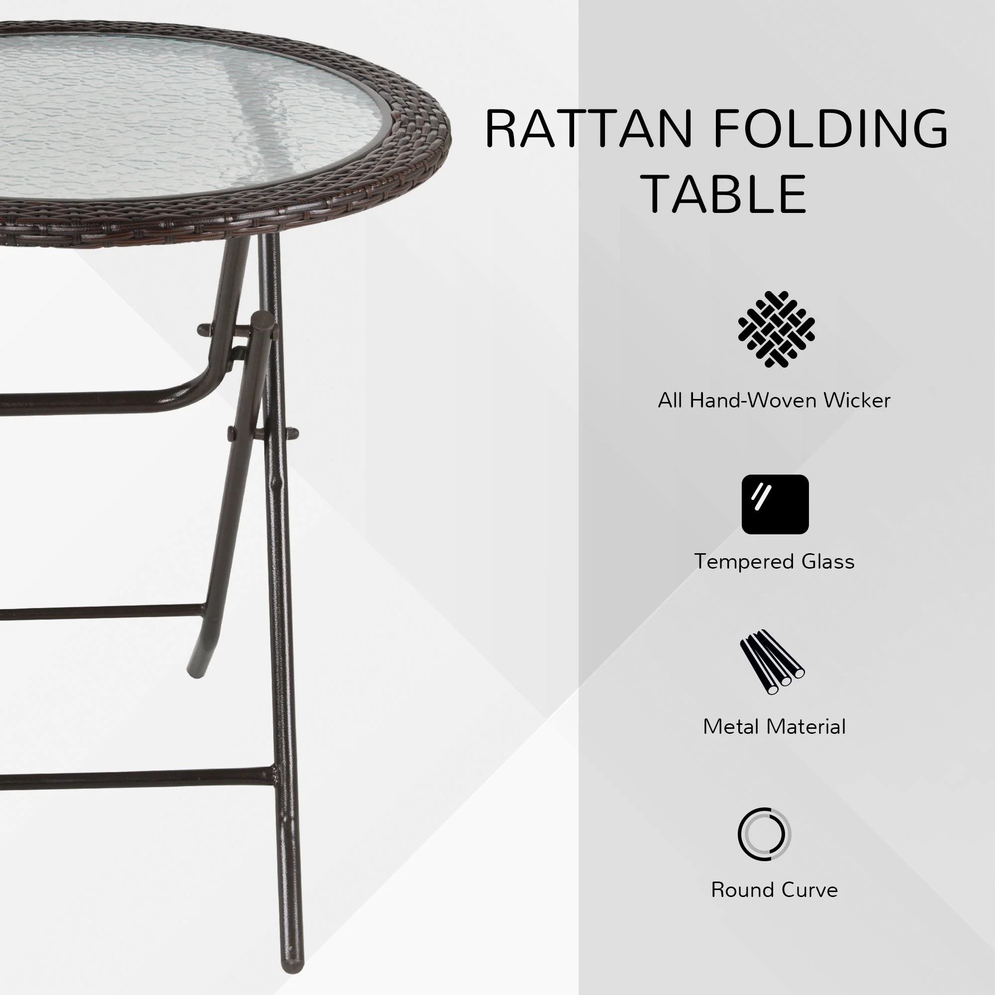 Outsunny Folding Round Tempered Glass Metal Table with Brown Rattan Edging - Image 4