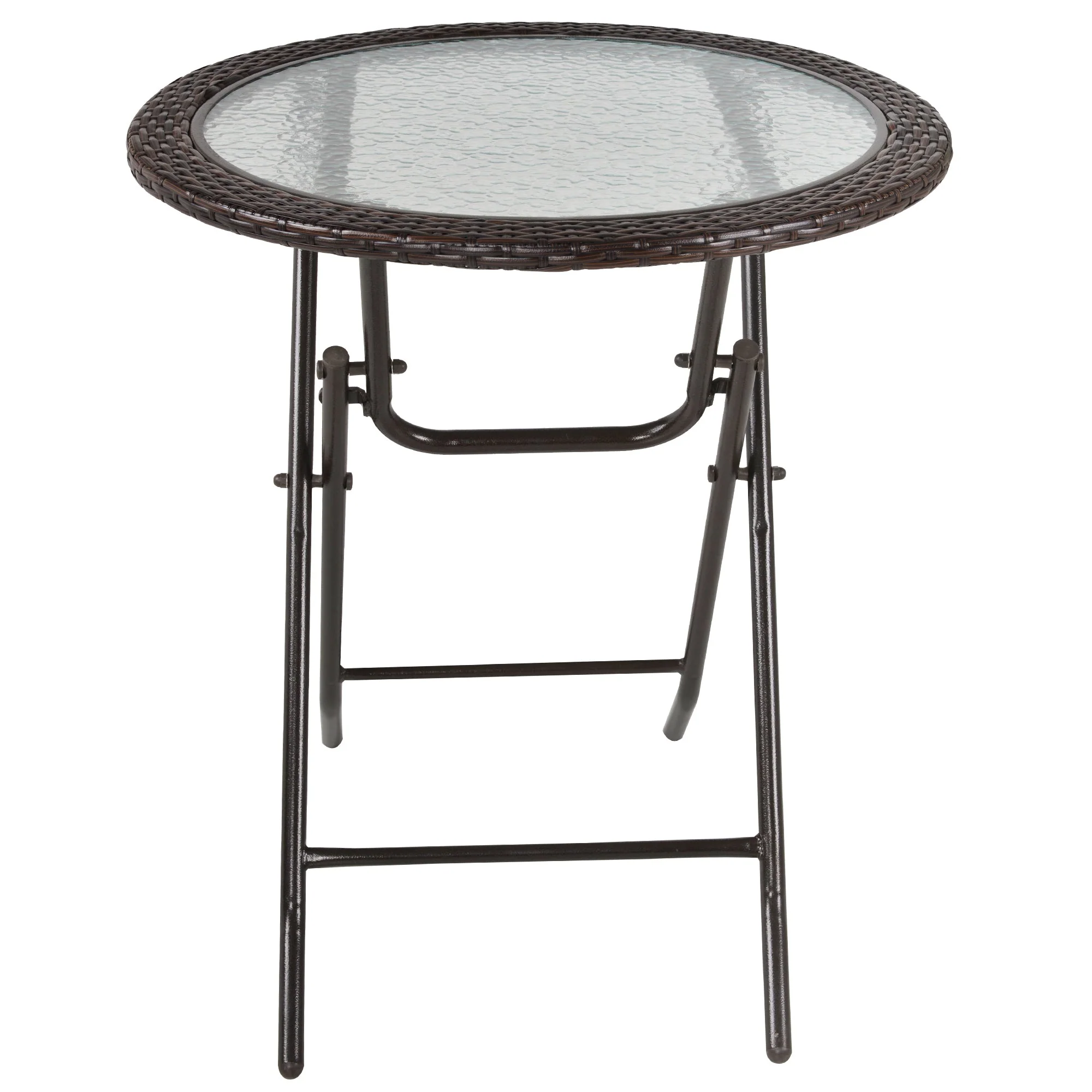 Outsunny Folding Round Tempered Glass Metal Table with Brown Rattan Edging - Image 9