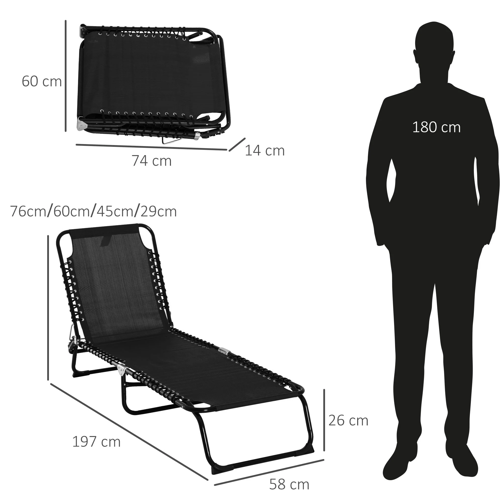 Outsunny Folding Sun Lounger Beach Chaise Chair Garden Reclining Cot Camping Hiking Recliner with 4 Position Adjustable - Image 3