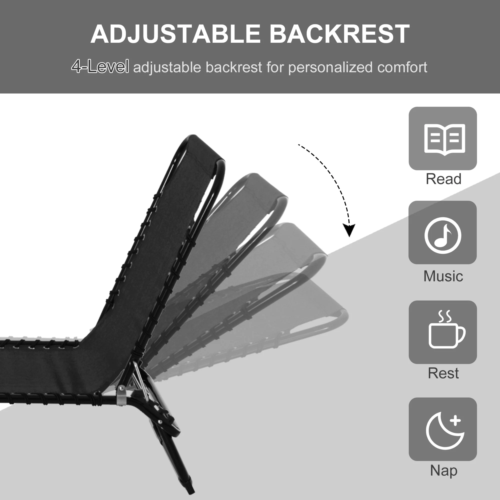 Outsunny Folding Sun Lounger Beach Chaise Chair Garden Reclining Cot Camping Hiking Recliner with 4 Position Adjustable - Image 4