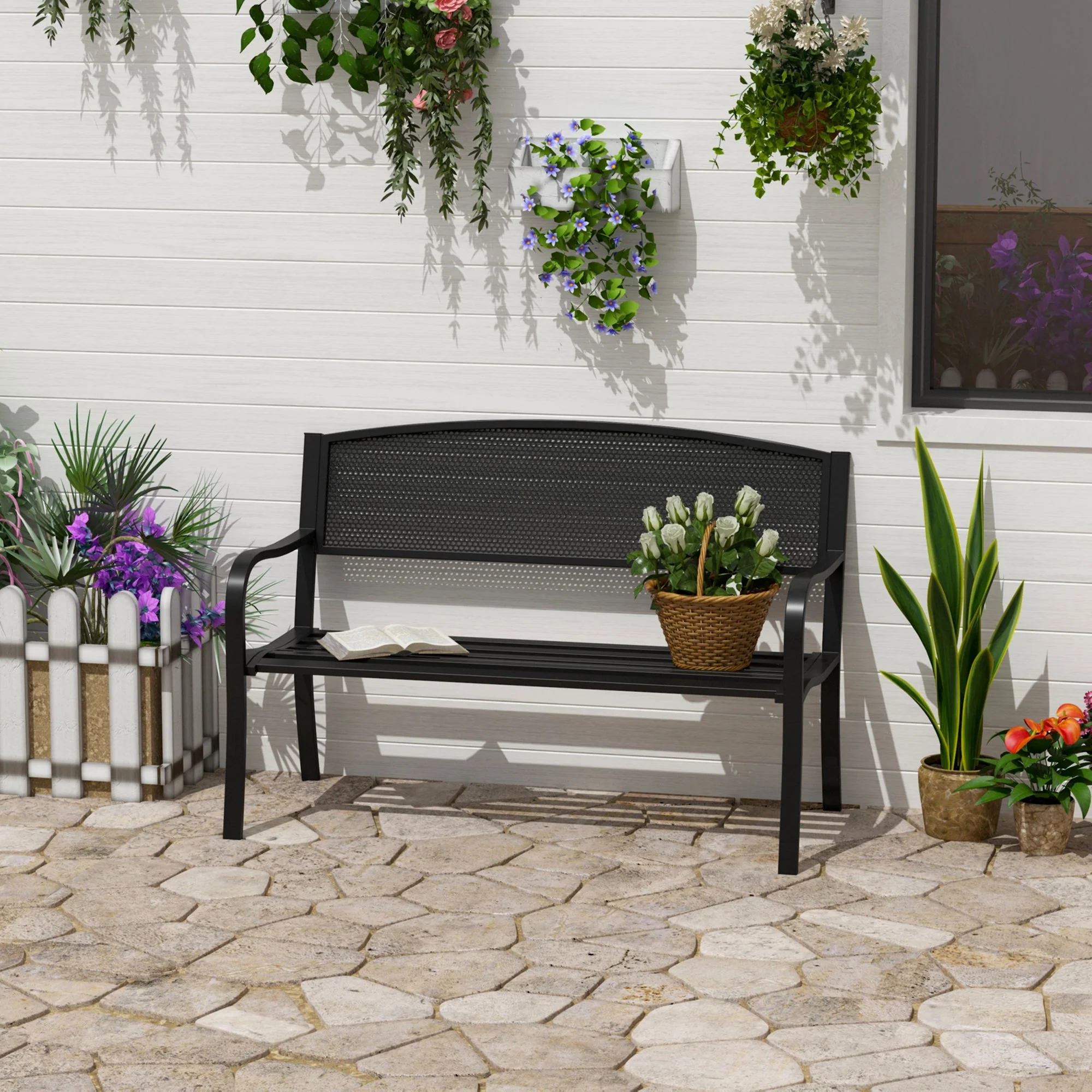 Outsunny Garden Bench Furniture Patio Park 2 Person Chair Seat Steel Black 120cm Outdoor - Image 2