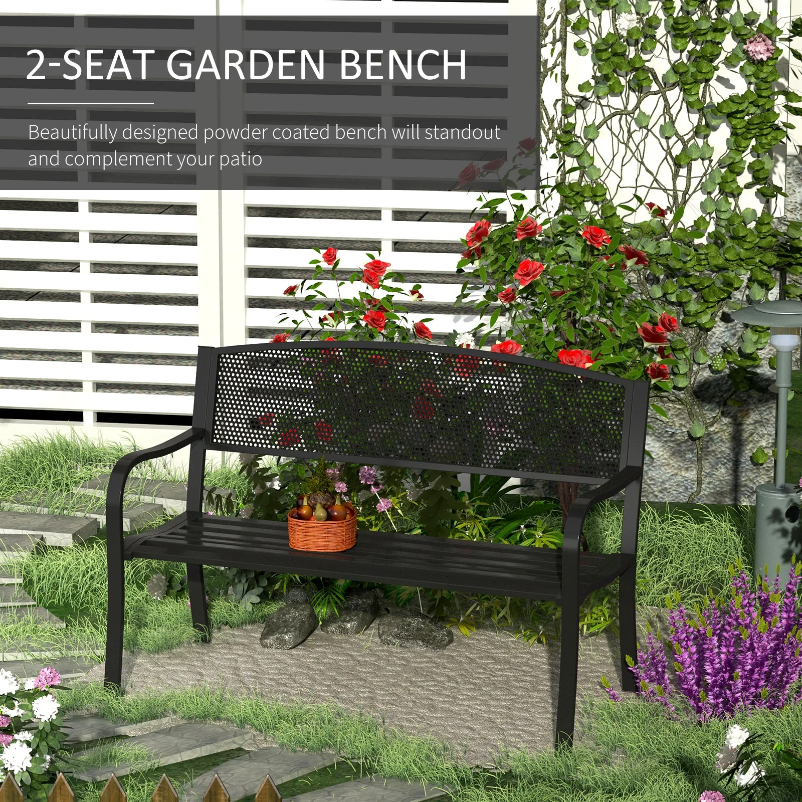Outsunny Garden Bench Furniture Patio Park 2 Person Chair Seat Steel Black 120cm Outdoor - Image 4