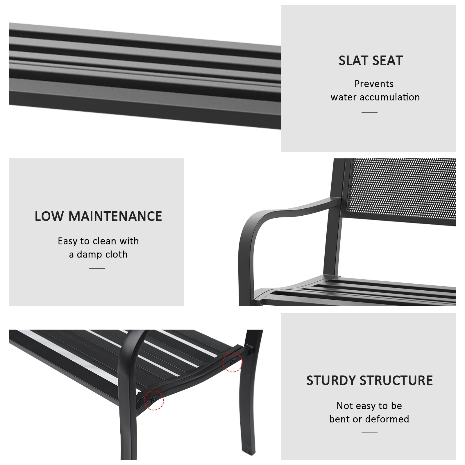Outsunny Garden Bench Furniture Patio Park 2 Person Chair Seat Steel Black 120cm Outdoor - Image 5