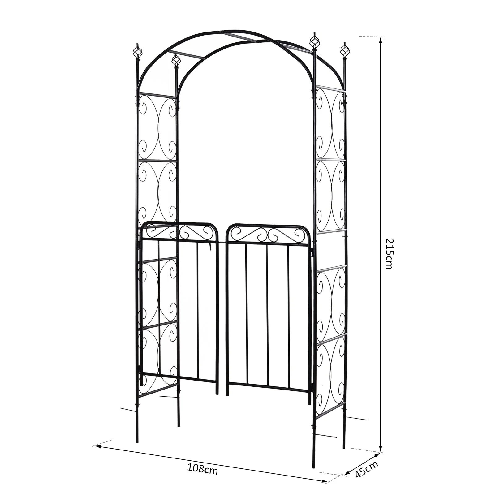 Outsunny Garden Decorative Metal Arch with Gate Outdoor Patio Trellis Arbor for Climbing Plant Archway Antique Black - 108L x 45W x 215H cm - Image 2