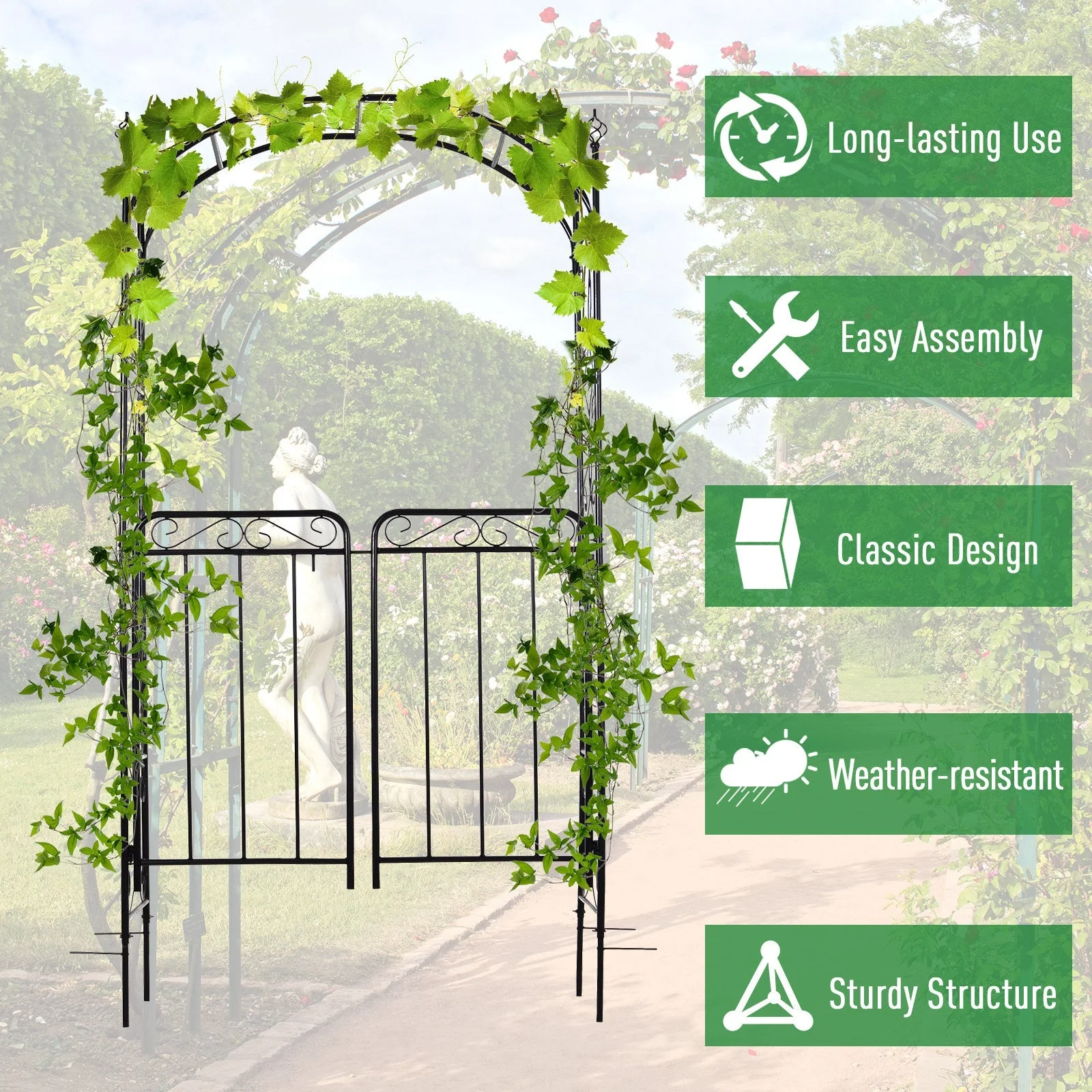 Outsunny Garden Decorative Metal Arch with Gate Outdoor Patio Trellis Arbor for Climbing Plant Archway Antique Black - 108L x 45W x 215H cm - Image 3