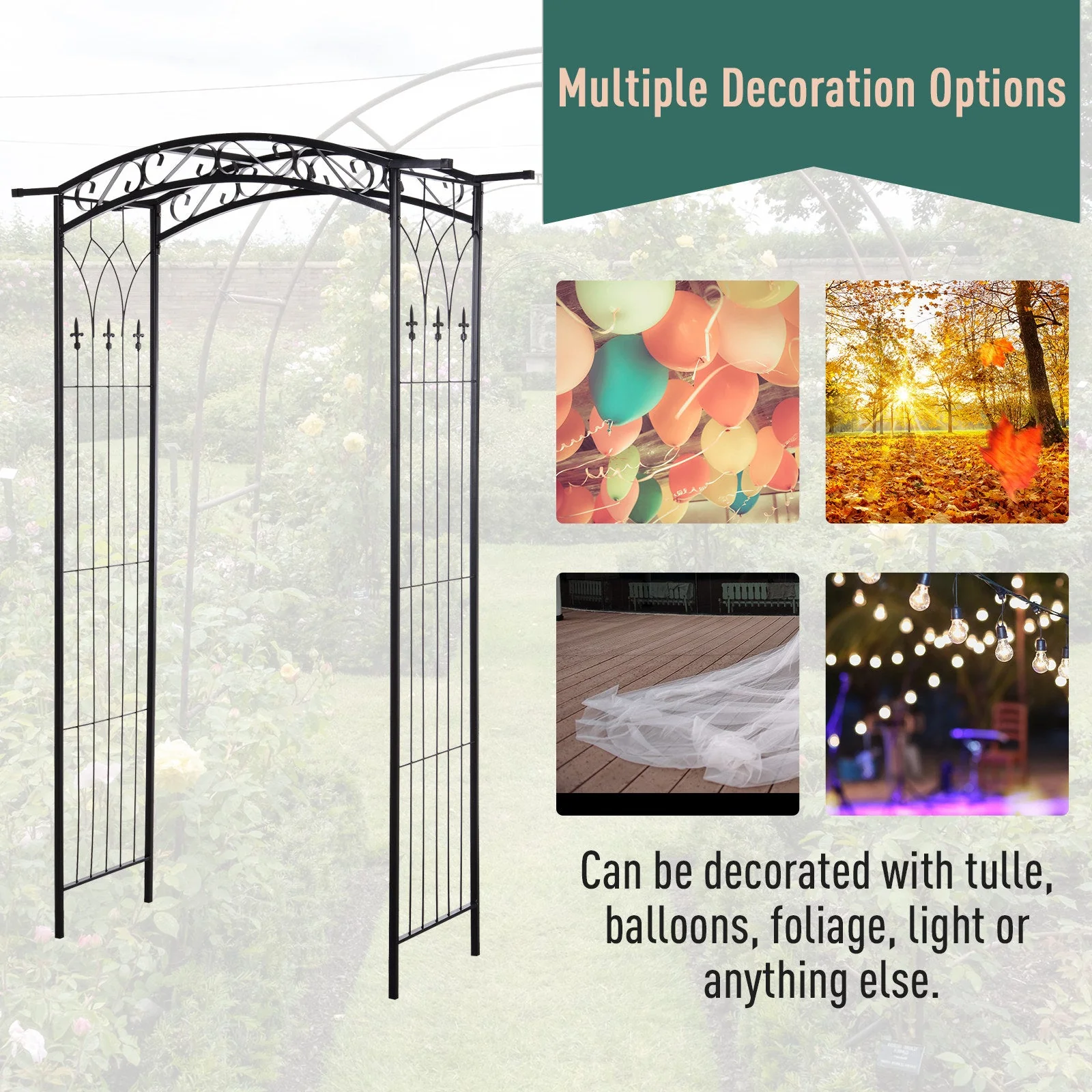Outsunny Garden Decorative Metal Arch with Gate Outdoor Patio Trellis Arbor for Climbing Plant Archway Antique Black - 108L x 45W x 215H cm - Image 4