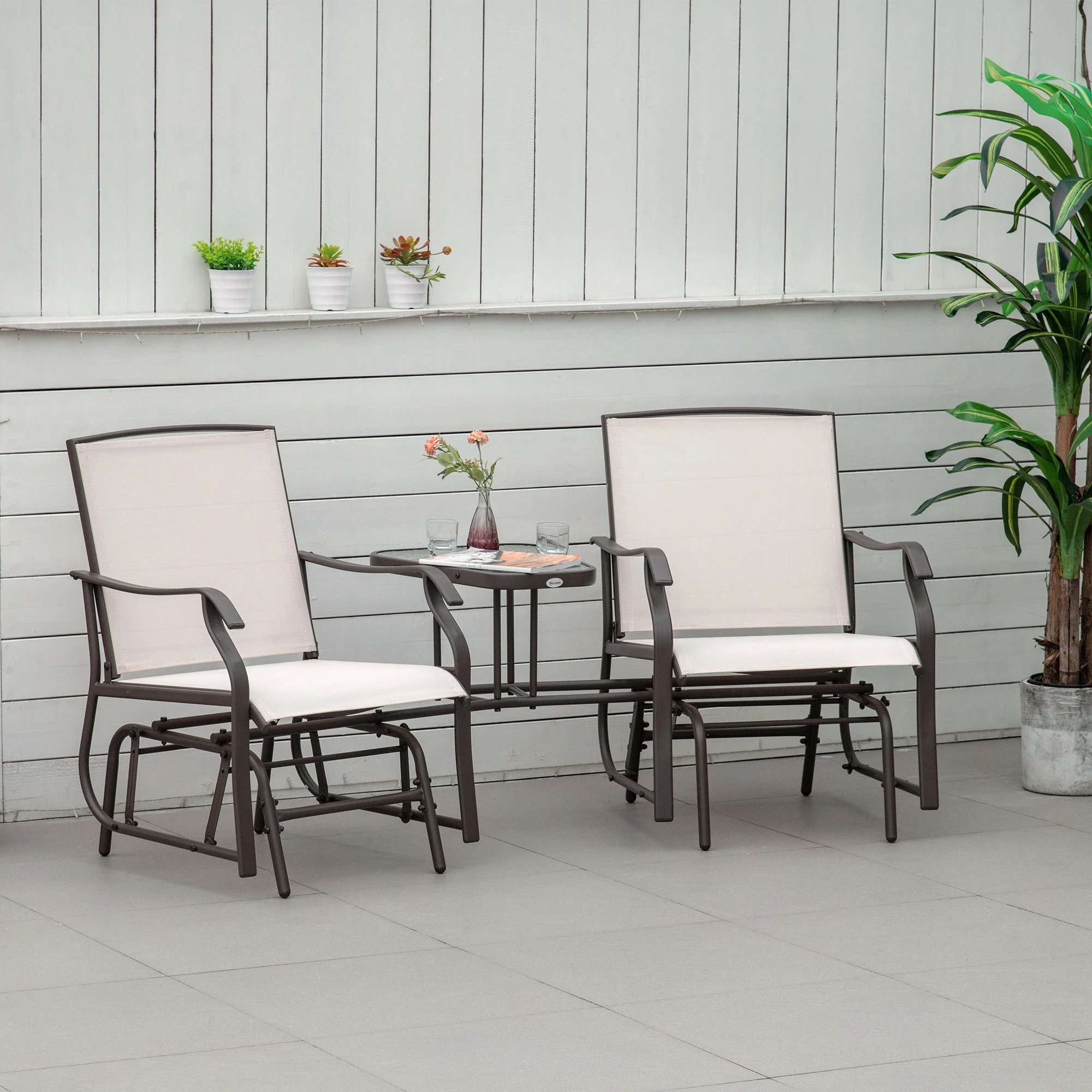 Outsunny Garden Double Glider Rocking Chairs Metal Gliding Love Seat with Middle Table Conversation Set Patio Backyard Relax Outdoor Furniture Beige - Image 2