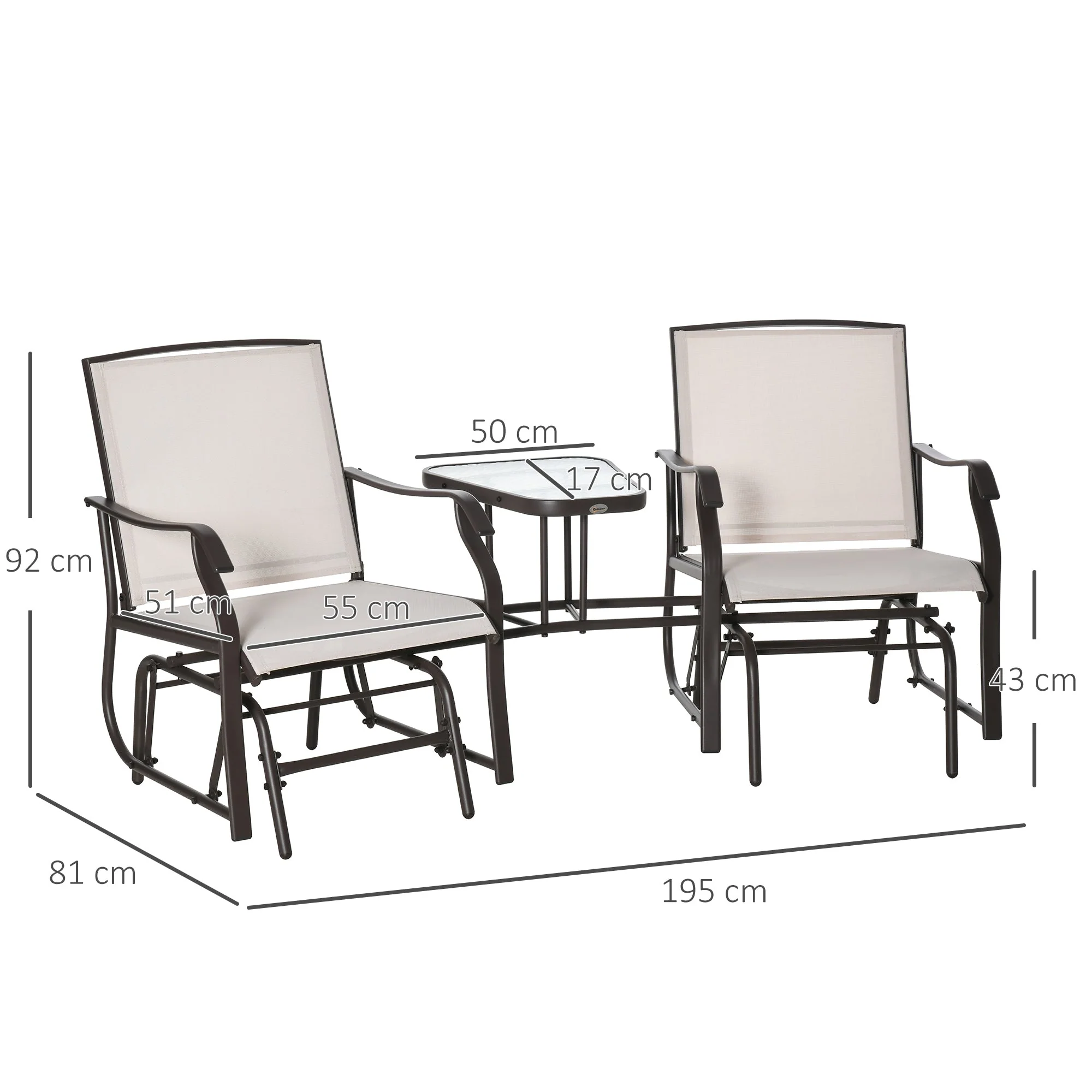 Outsunny Garden Double Glider Rocking Chairs Metal Gliding Love Seat with Middle Table Conversation Set Patio Backyard Relax Outdoor Furniture Beige - Image 3