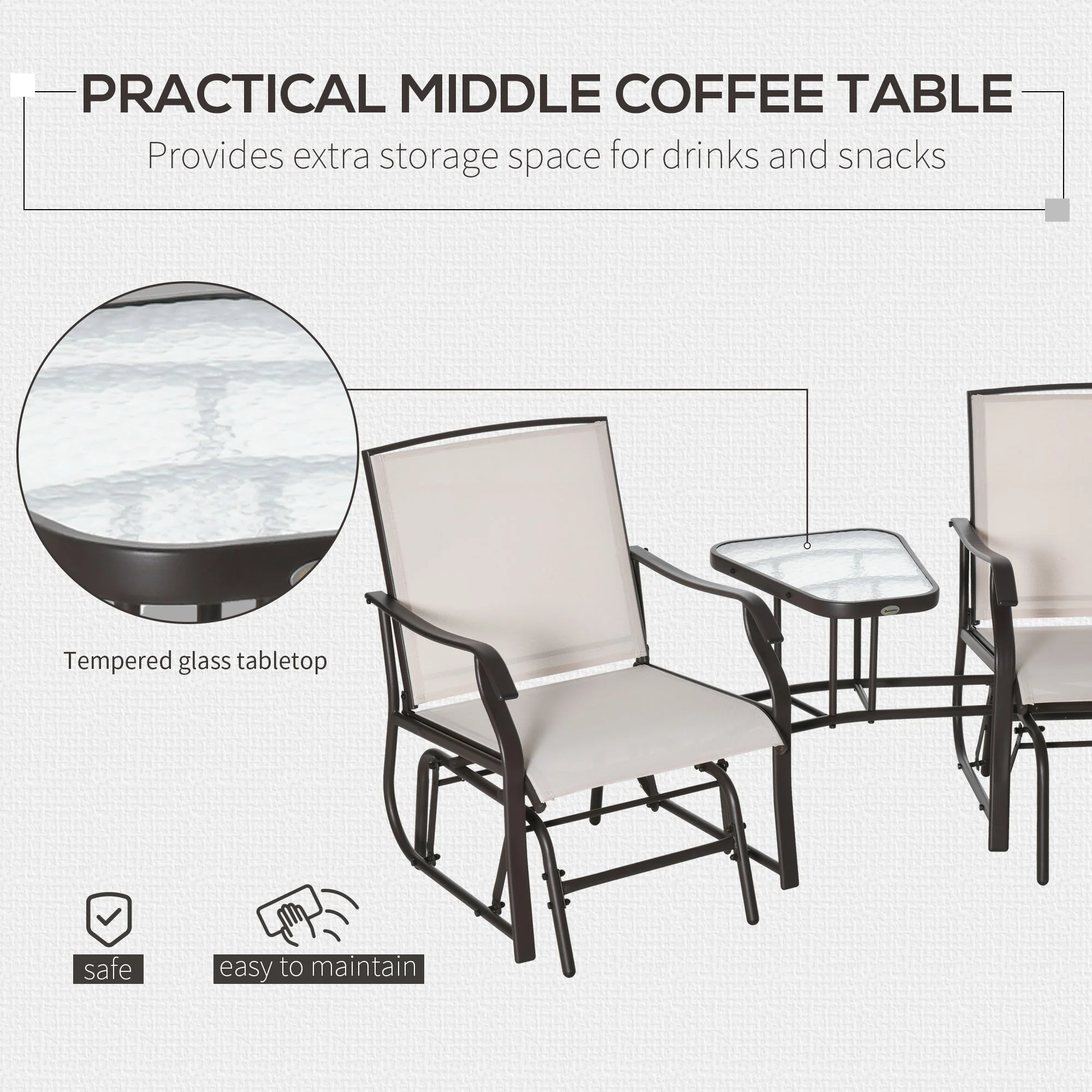 Outsunny Garden Double Glider Rocking Chairs Metal Gliding Love Seat with Middle Table Conversation Set Patio Backyard Relax Outdoor Furniture Beige - Image 4
