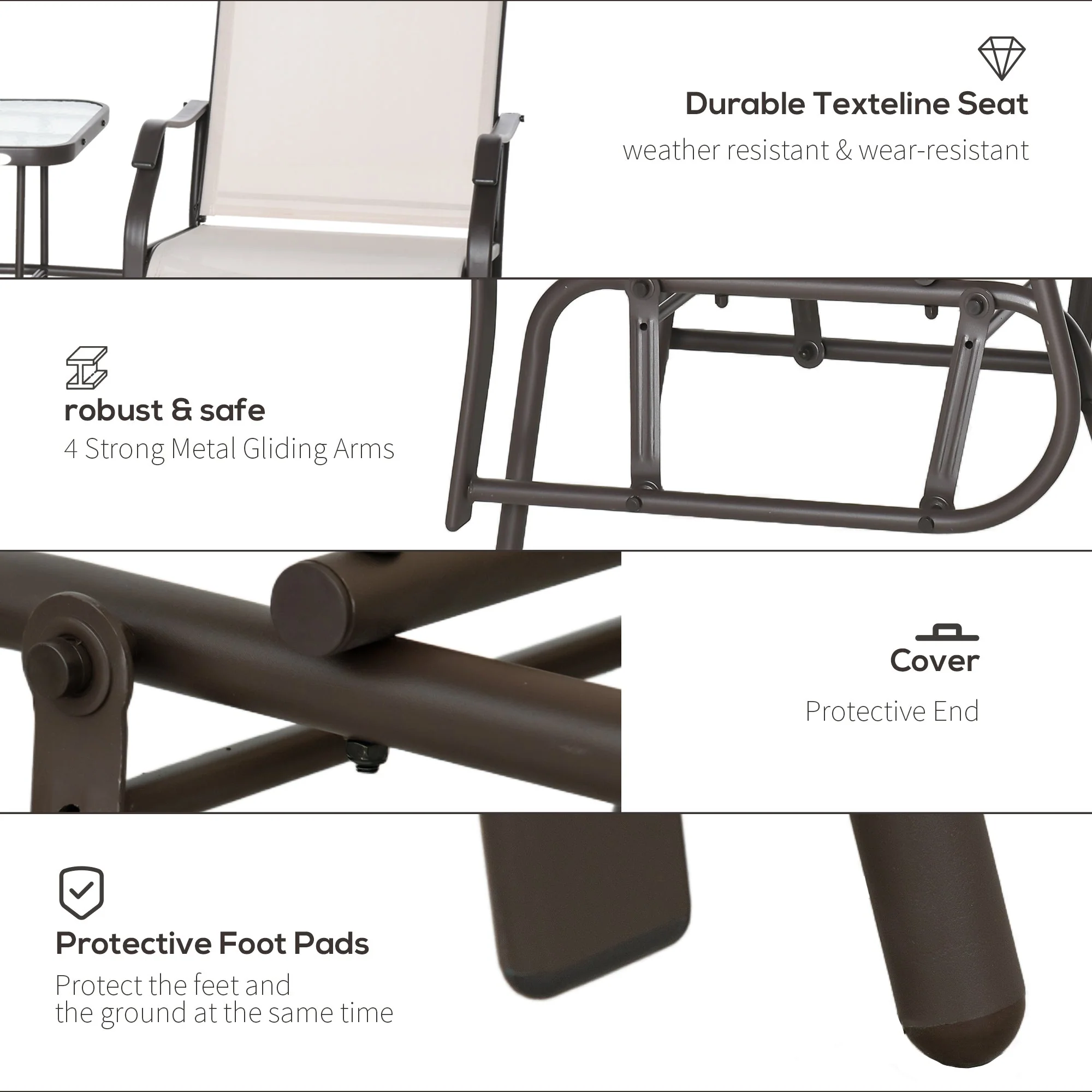 Outsunny Garden Double Glider Rocking Chairs Metal Gliding Love Seat with Middle Table Conversation Set Patio Backyard Relax Outdoor Furniture Beige - Image 5