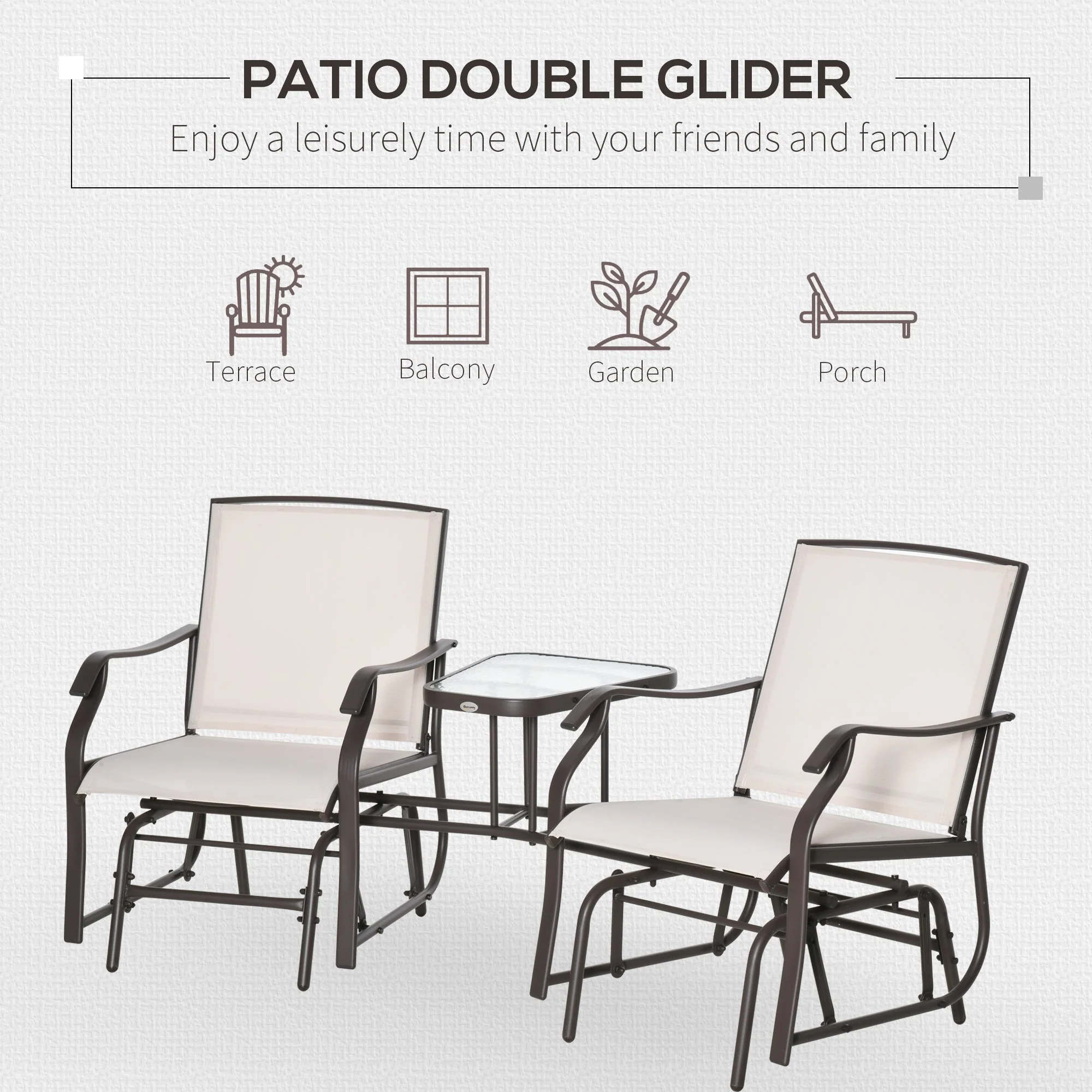 Outsunny Garden Double Glider Rocking Chairs Metal Gliding Love Seat with Middle Table Conversation Set Patio Backyard Relax Outdoor Furniture Beige - Image 6