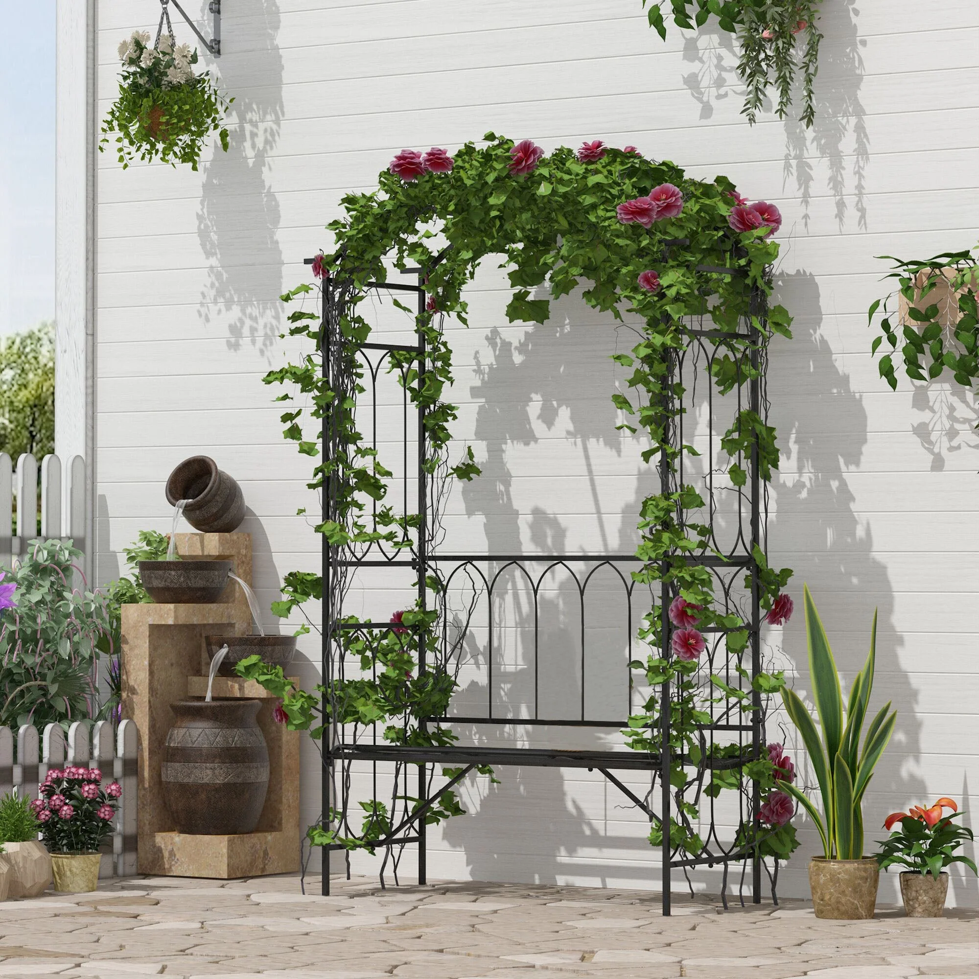 Garden Metal Frame Bench With arch For Various Climbing Plant 115Lx50Wx203H cm-Black - Image 2