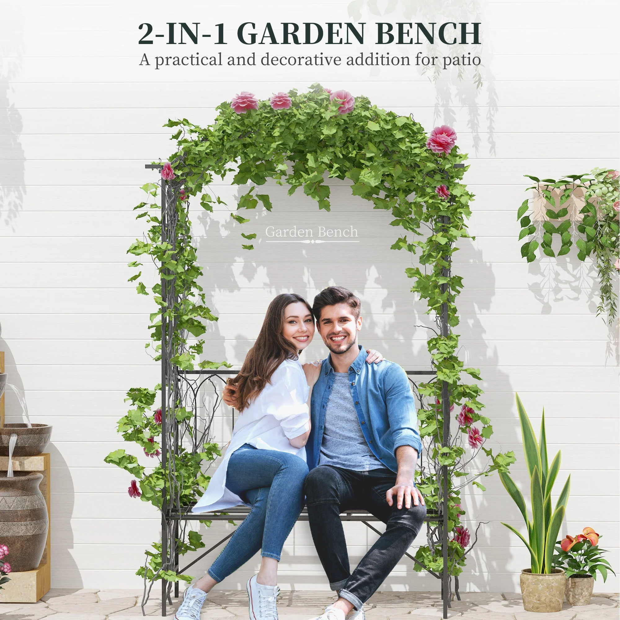 Garden Metal Frame Bench With arch For Various Climbing Plant 115Lx50Wx203H cm-Black - Image 4