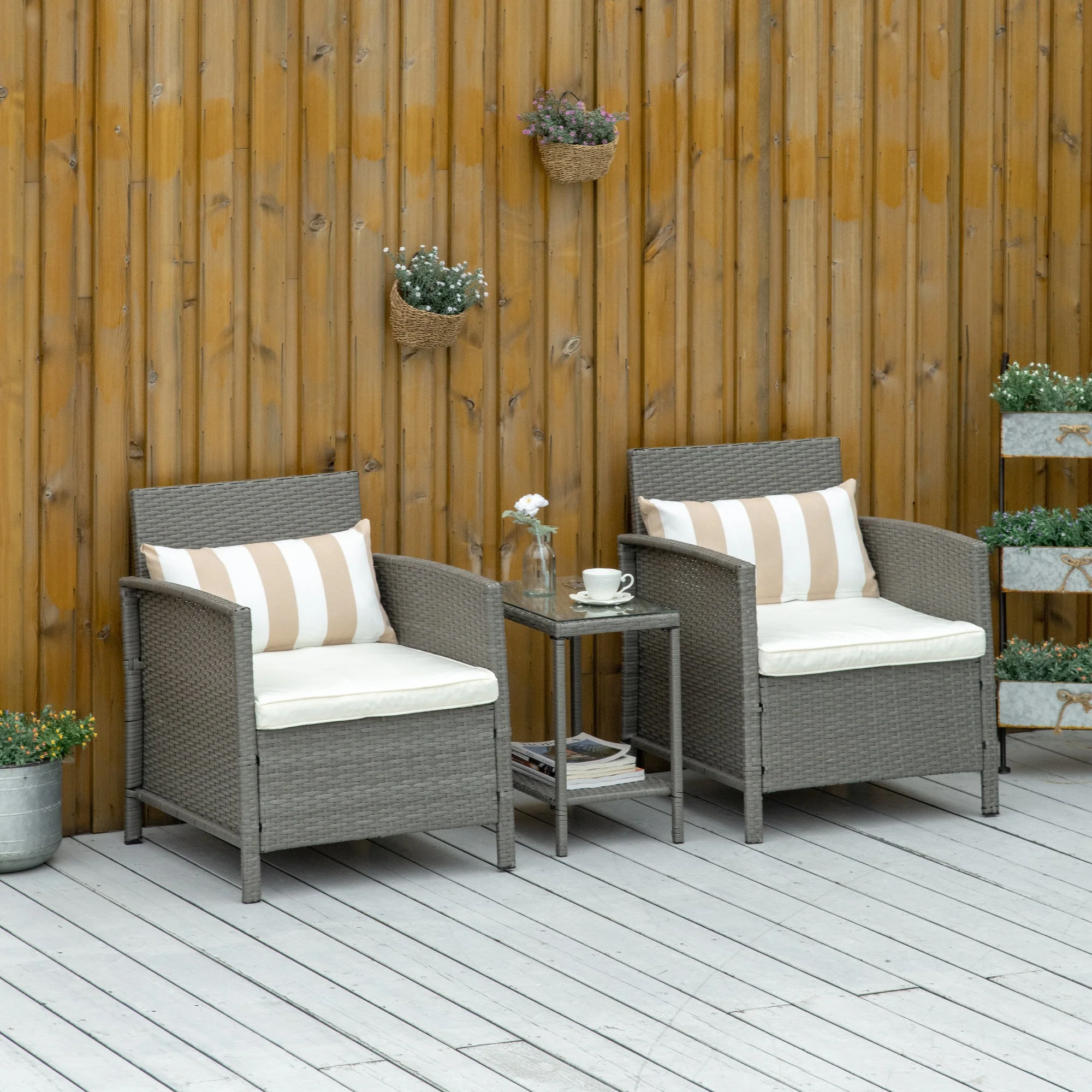Outsunny Garden Outdoor Rattan Furniture 3 Pieces Patio Bistro Set Wicker Weave Conservatory Sofa Chair & Table Set With Cushion Pillow - Light Grey - Image 2