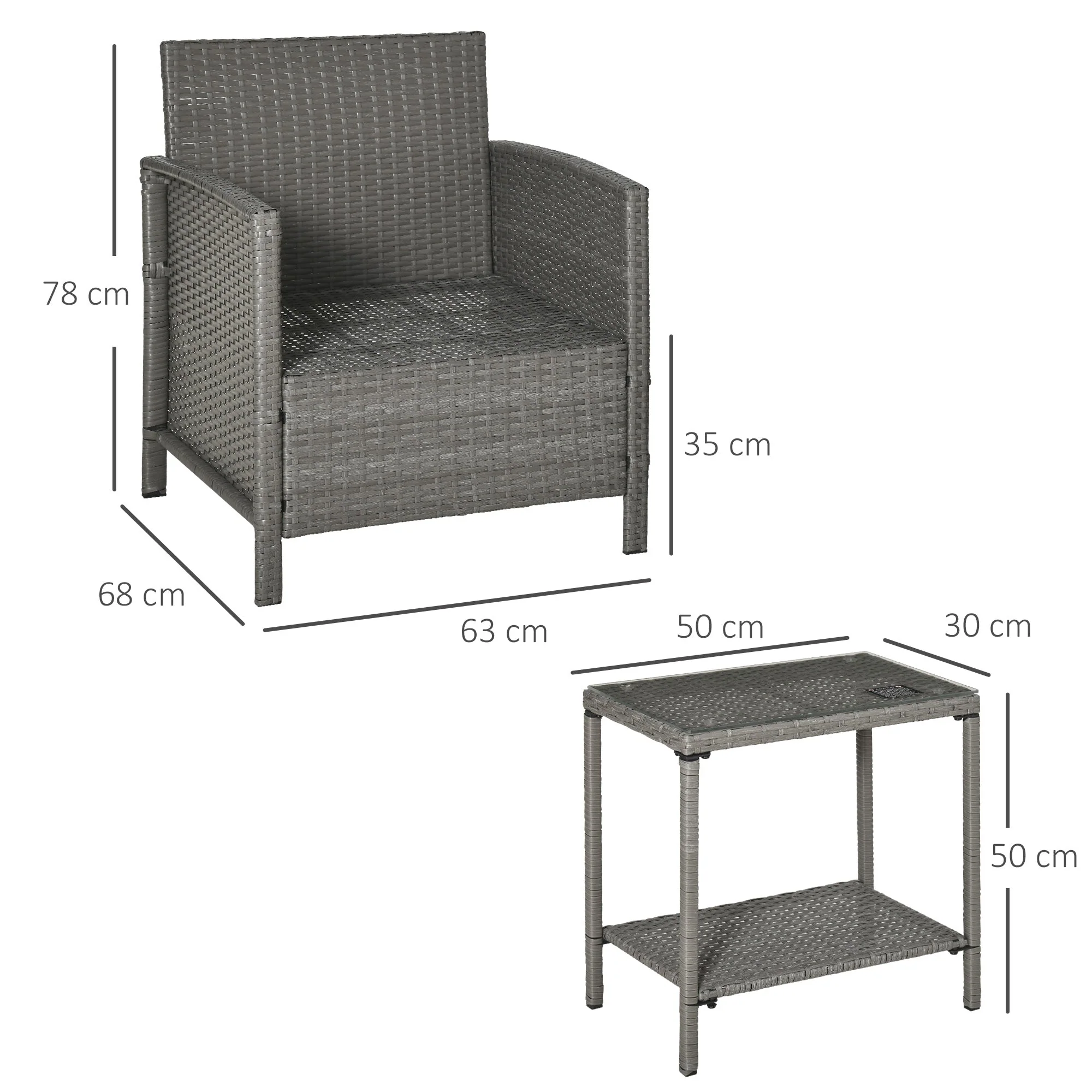 Outsunny Garden Outdoor Rattan Furniture 3 Pieces Patio Bistro Set Wicker Weave Conservatory Sofa Chair & Table Set With Cushion Pillow - Light Grey - Image 3