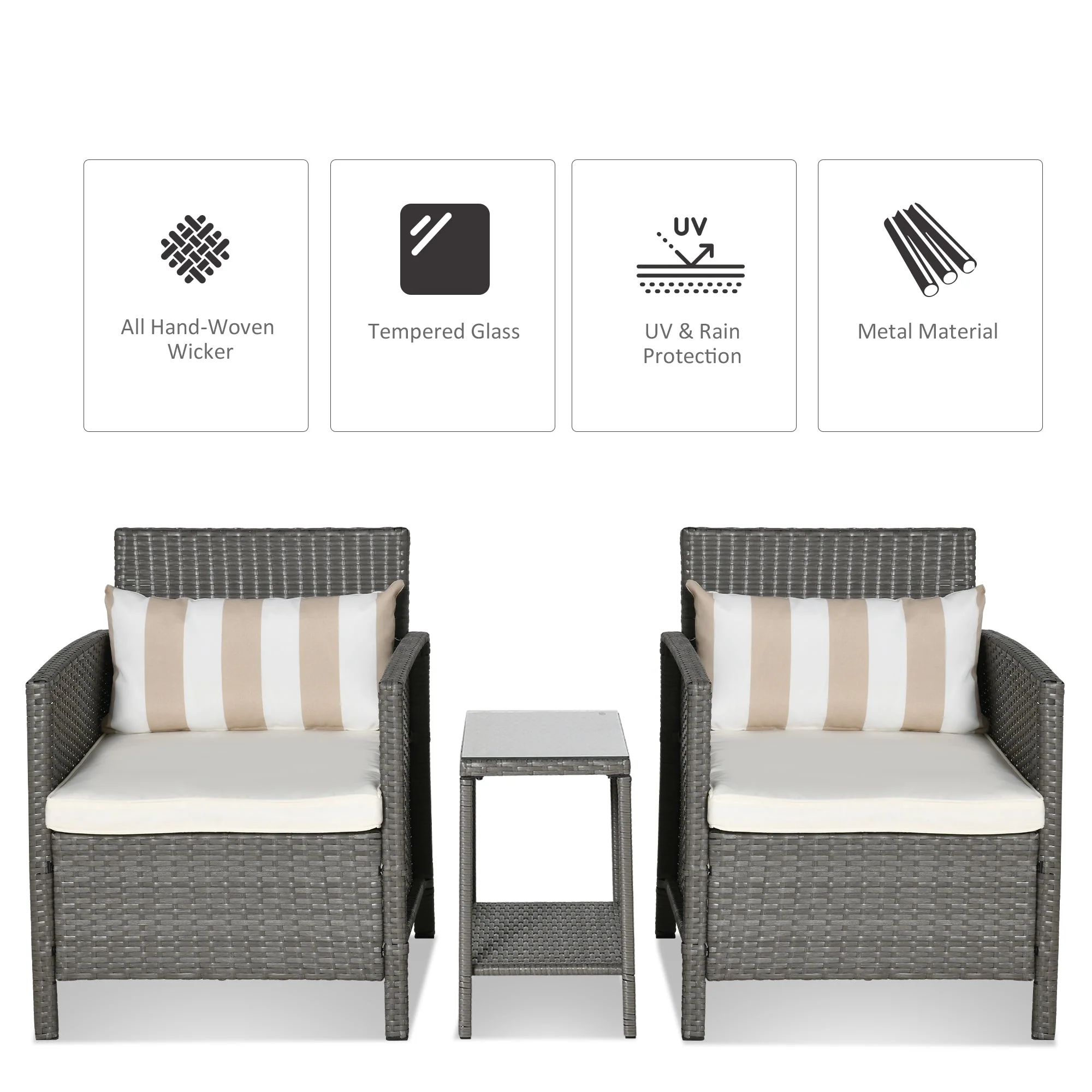 Outsunny Garden Outdoor Rattan Furniture 3 Pieces Patio Bistro Set Wicker Weave Conservatory Sofa Chair & Table Set With Cushion Pillow - Light Grey - Image 4