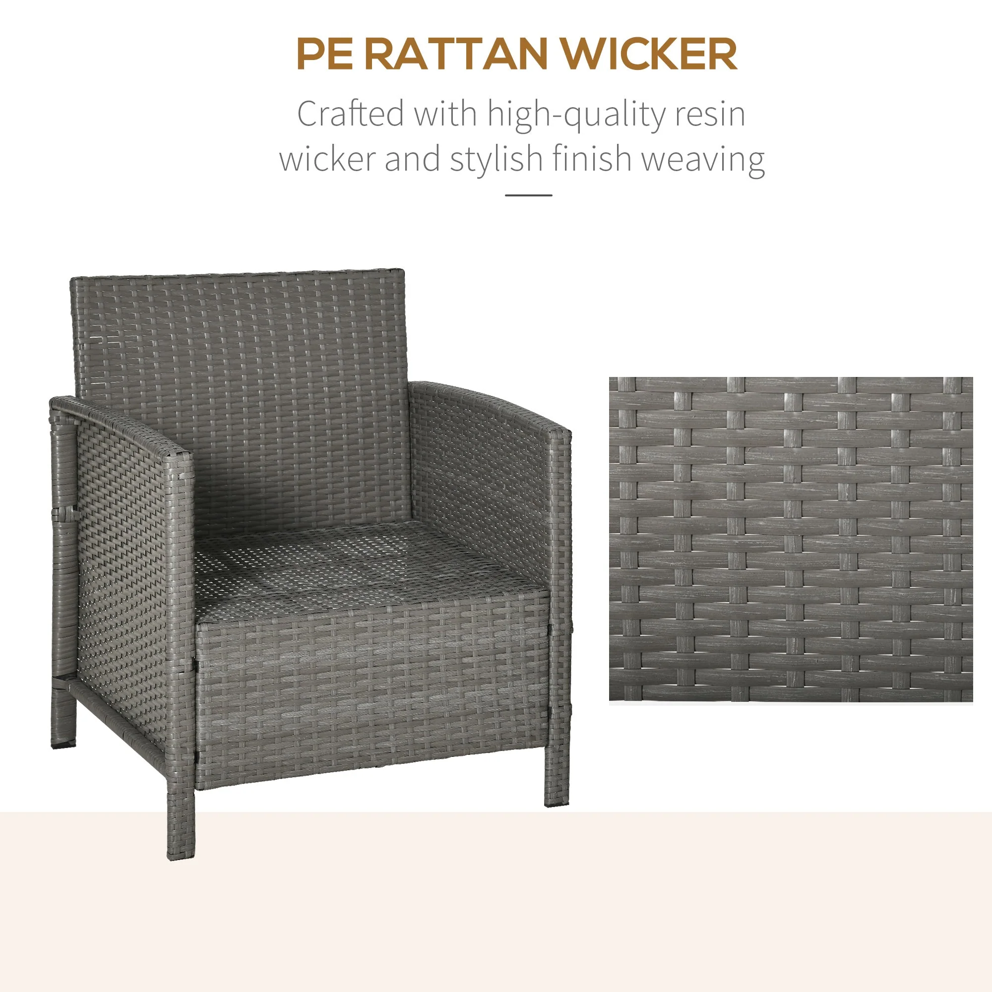 Outsunny Garden Outdoor Rattan Furniture 3 Pieces Patio Bistro Set Wicker Weave Conservatory Sofa Chair & Table Set With Cushion Pillow - Light Grey - Image 5