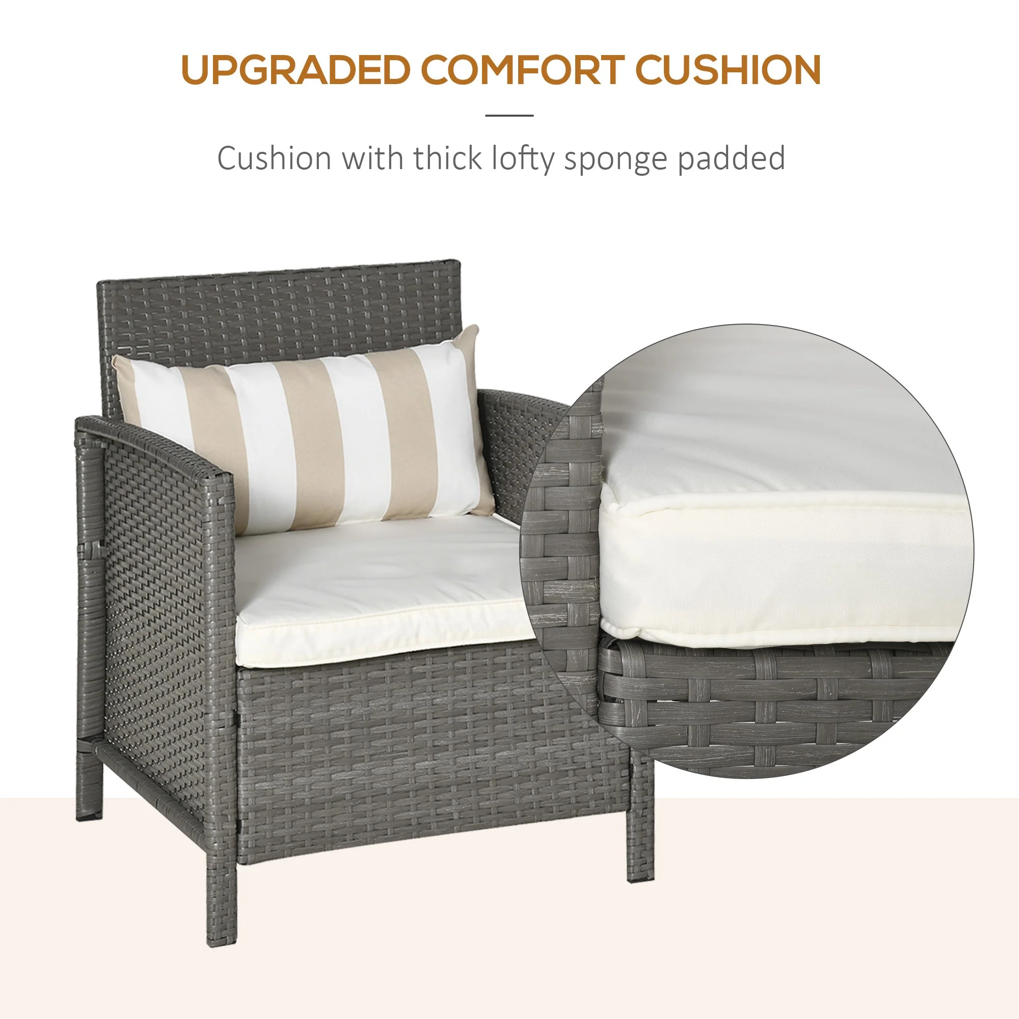Outsunny Garden Outdoor Rattan Furniture 3 Pieces Patio Bistro Set Wicker Weave Conservatory Sofa Chair & Table Set With Cushion Pillow - Light Grey - Image 6