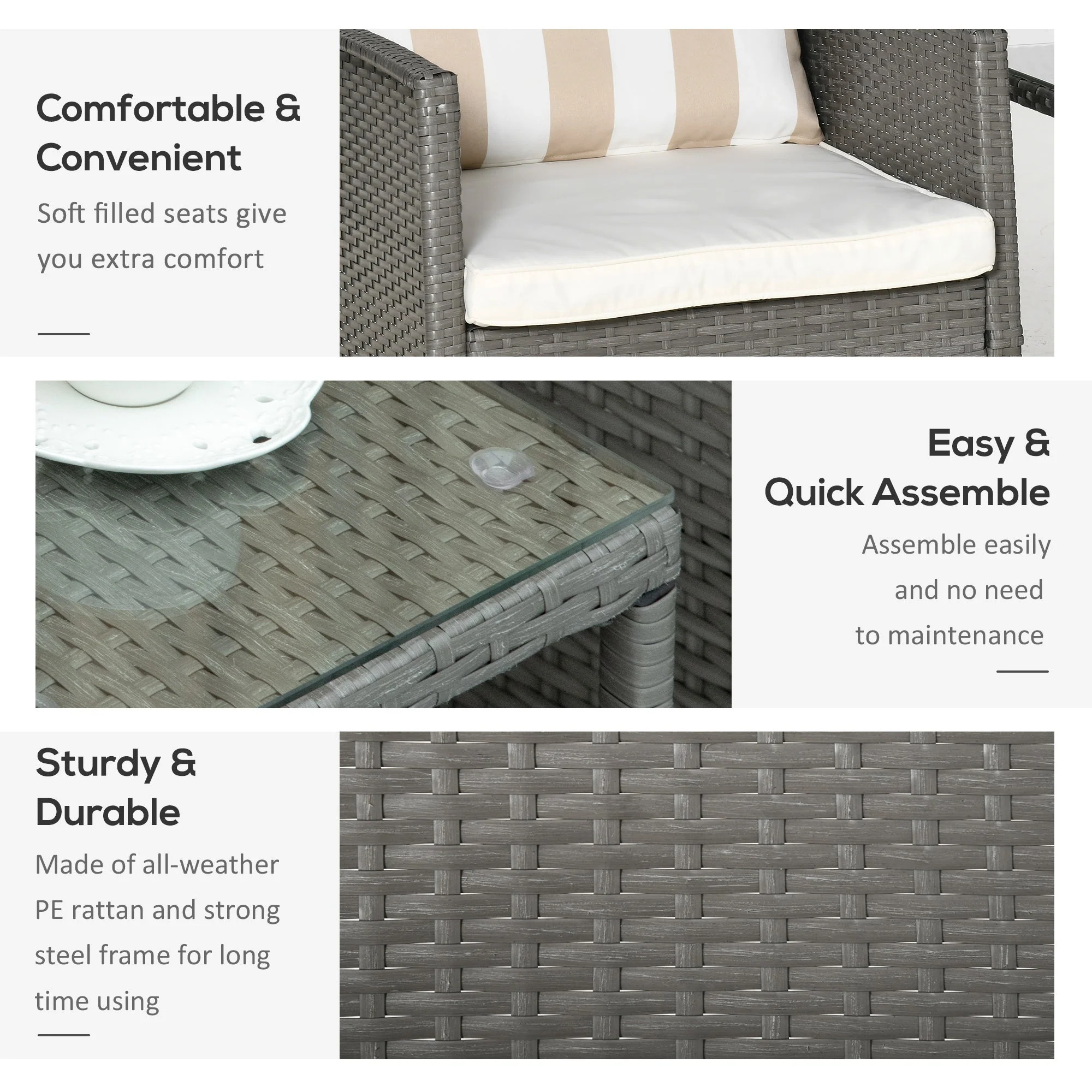 Outsunny Garden Outdoor Rattan Furniture 3 Pieces Patio Bistro Set Wicker Weave Conservatory Sofa Chair & Table Set With Cushion Pillow - Light Grey - Image 7