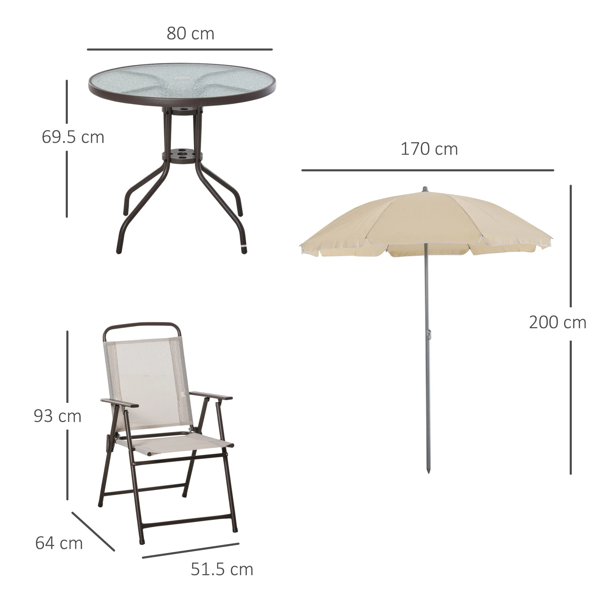 Outsunny Garden Patio Texteline Folding Chairs Plus Table and Parasol Furniture Bistro Set 6 Pieces - Black/Cream - Image 2