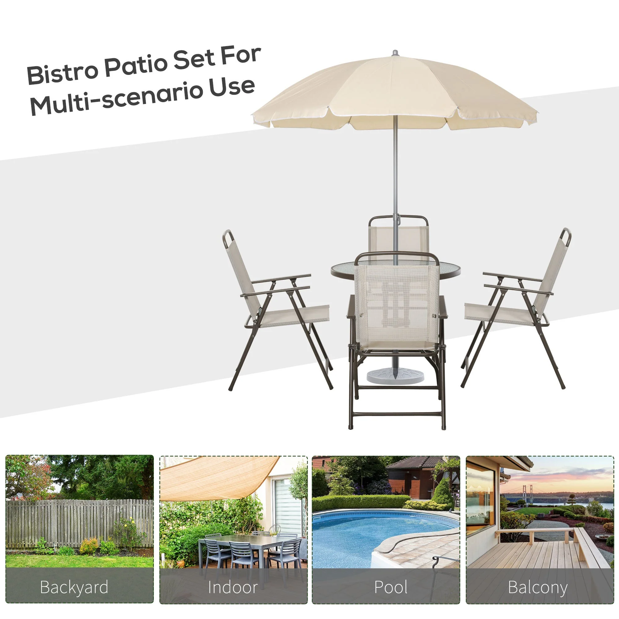 Outsunny Garden Patio Texteline Folding Chairs Plus Table and Parasol Furniture Bistro Set 6 Pieces - Black/Cream - Image 6
