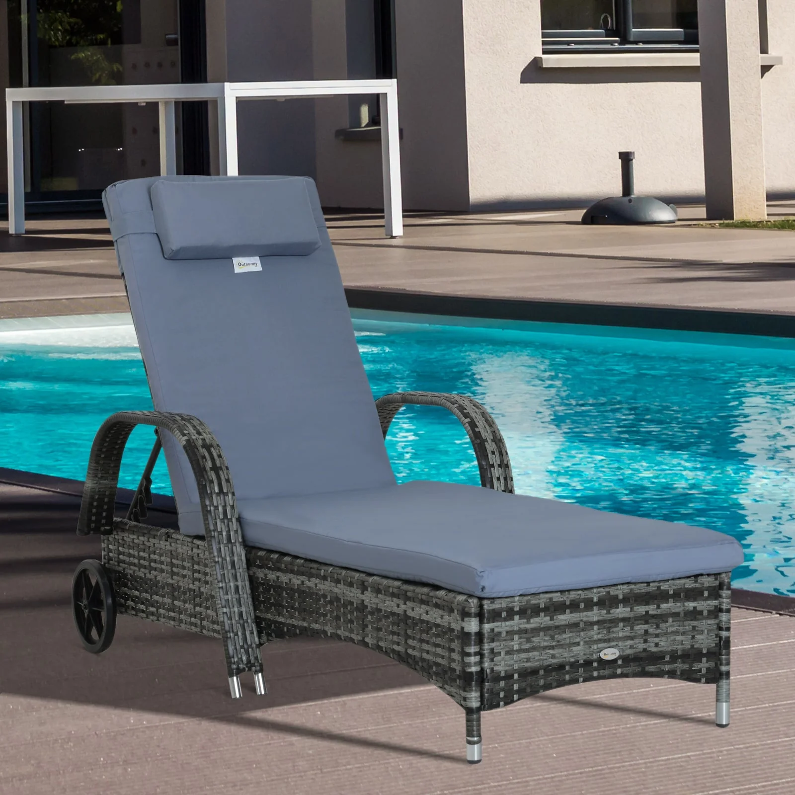 Outsunny Garden Rattan Furniture Single Sun Lounger Recliner Bed Reclining Chair Patio Outdoor Wicker Weave Adjustable Headrest With Fire Retardant Cushion - Grey - Image 2