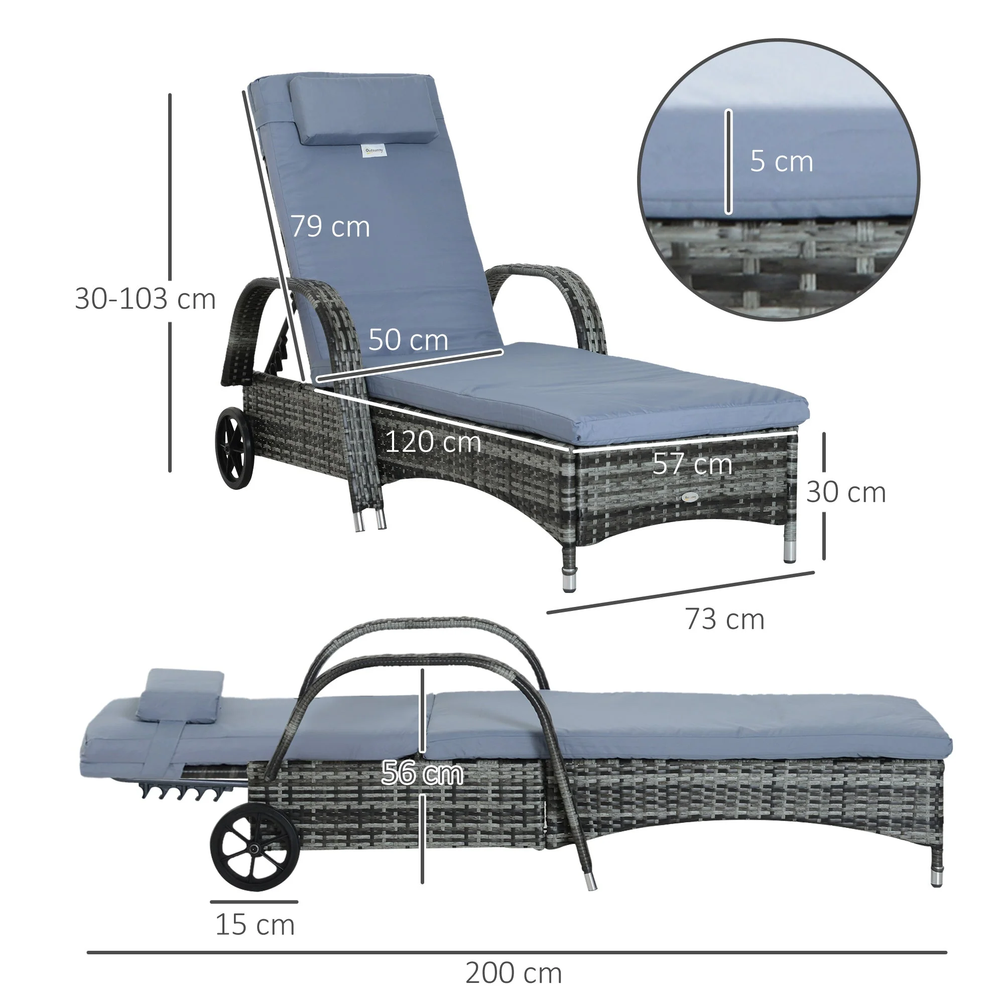 Outsunny Garden Rattan Furniture Single Sun Lounger Recliner Bed Reclining Chair Patio Outdoor Wicker Weave Adjustable Headrest With Fire Retardant Cushion - Grey - Image 3