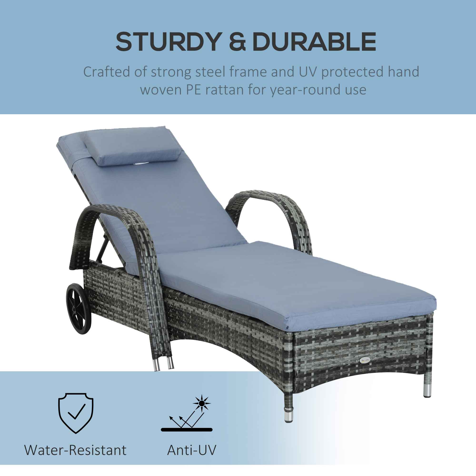 Outsunny Garden Rattan Furniture Single Sun Lounger Recliner Bed Reclining Chair Patio Outdoor Wicker Weave Adjustable Headrest With Fire Retardant Cushion - Grey - Image 4