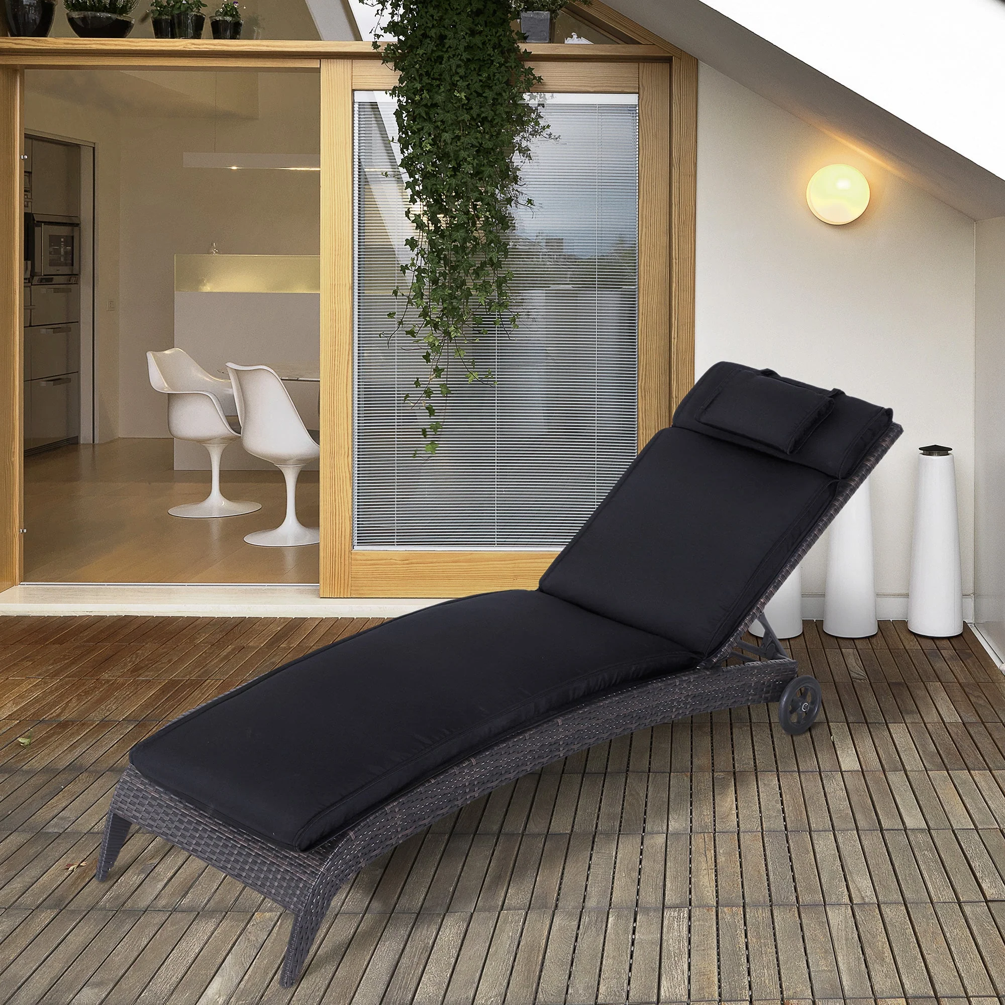 Outsunny Garden Sun Lounger Cushion Replacement Thick Sunbed Reclining Chair Relaxer Pad With Pillow - Black - Image 2