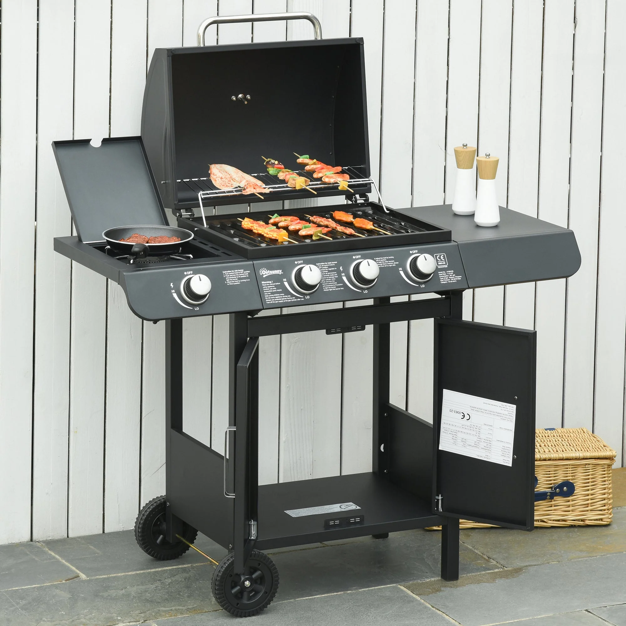 Outsunny Gas Burner Barbecue Grill 3+1 Burner Garden Bbq Trolley W/ Side Burner Warming Rack Side Shelves Storage Cabinet Piezo Ignition Thermometer 110X50X100cm - Image 2