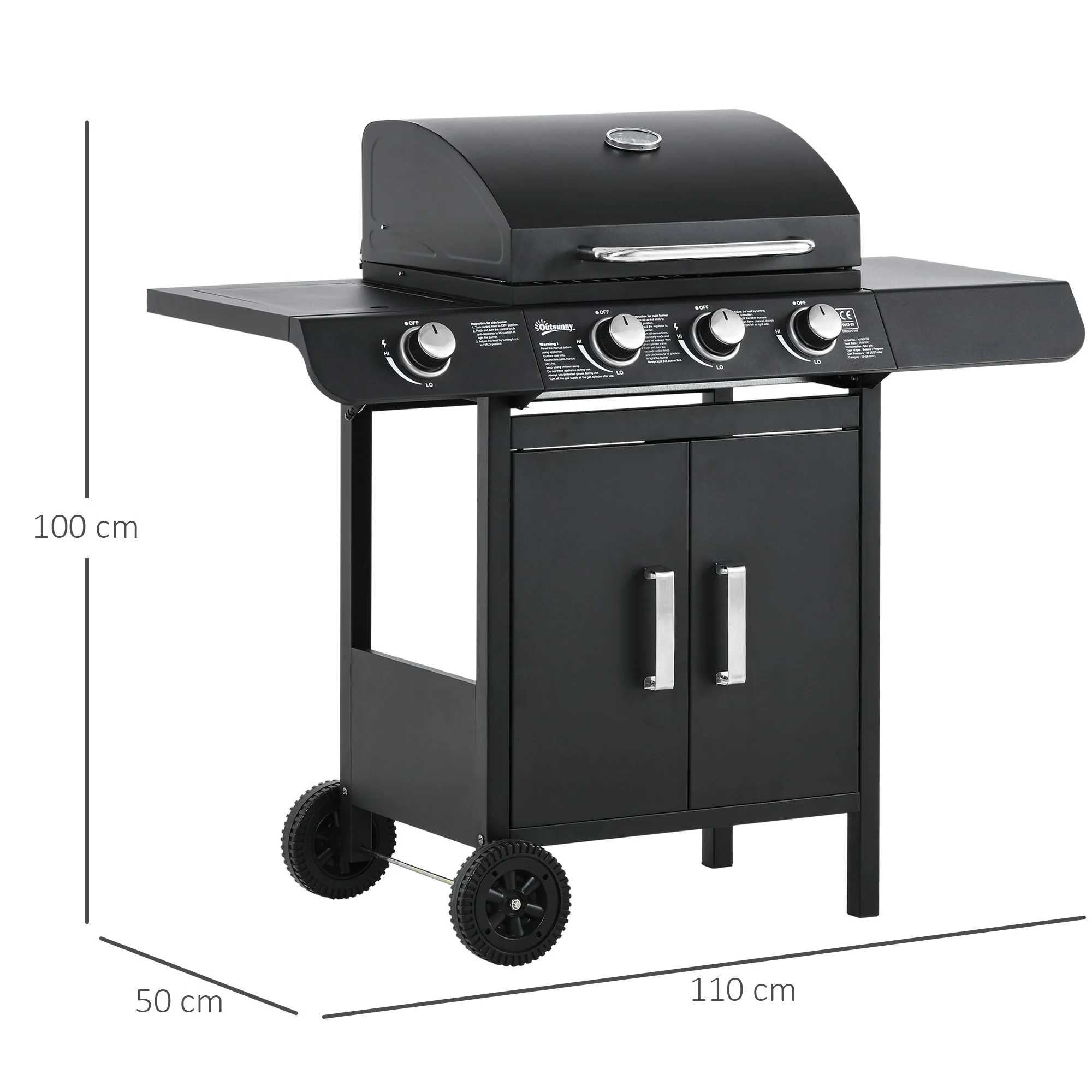 Outsunny Gas Burner Barbecue Grill 3+1 Burner Garden Bbq Trolley W/ Side Burner Warming Rack Side Shelves Storage Cabinet Piezo Ignition Thermometer 110X50X100cm - Image 3
