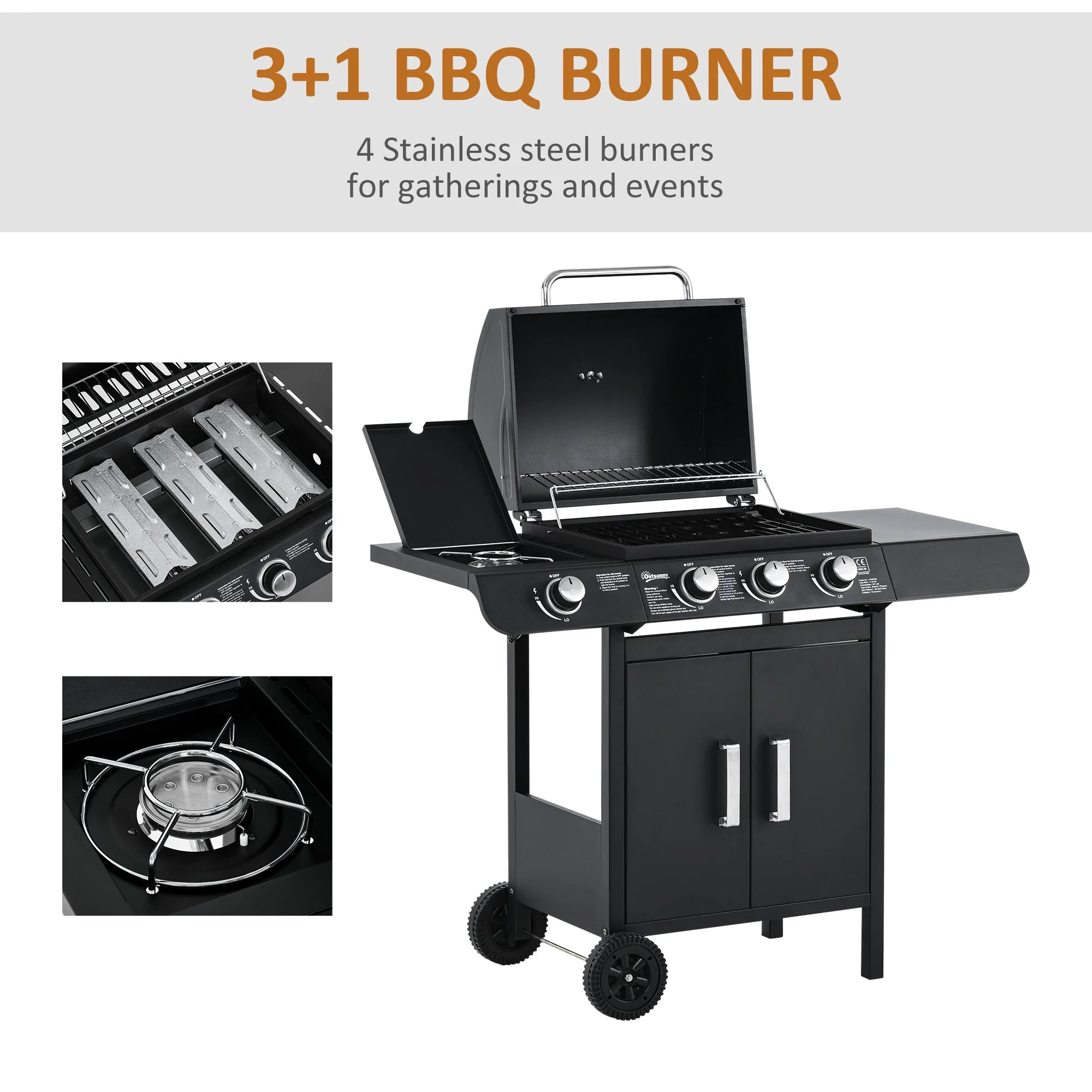 Outsunny Gas Burner Barbecue Grill 3+1 Burner Garden Bbq Trolley W/ Side Burner Warming Rack Side Shelves Storage Cabinet Piezo Ignition Thermometer 110X50X100cm - Image 5