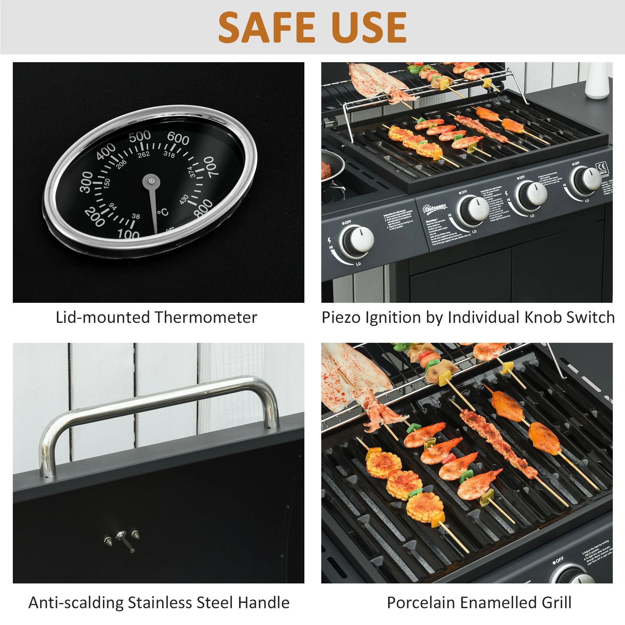 Outsunny Gas Burner Barbecue Grill 3+1 Burner Garden Bbq Trolley W/ Side Burner Warming Rack Side Shelves Storage Cabinet Piezo Ignition Thermometer 110X50X100cm - Image 6