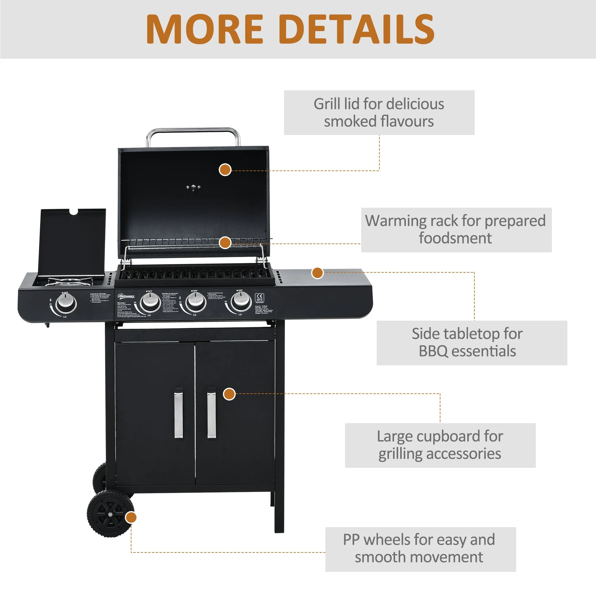 Outsunny Gas Burner Barbecue Grill 3+1 Burner Garden Bbq Trolley W/ Side Burner Warming Rack Side Shelves Storage Cabinet Piezo Ignition Thermometer 110X50X100cm - Image 7