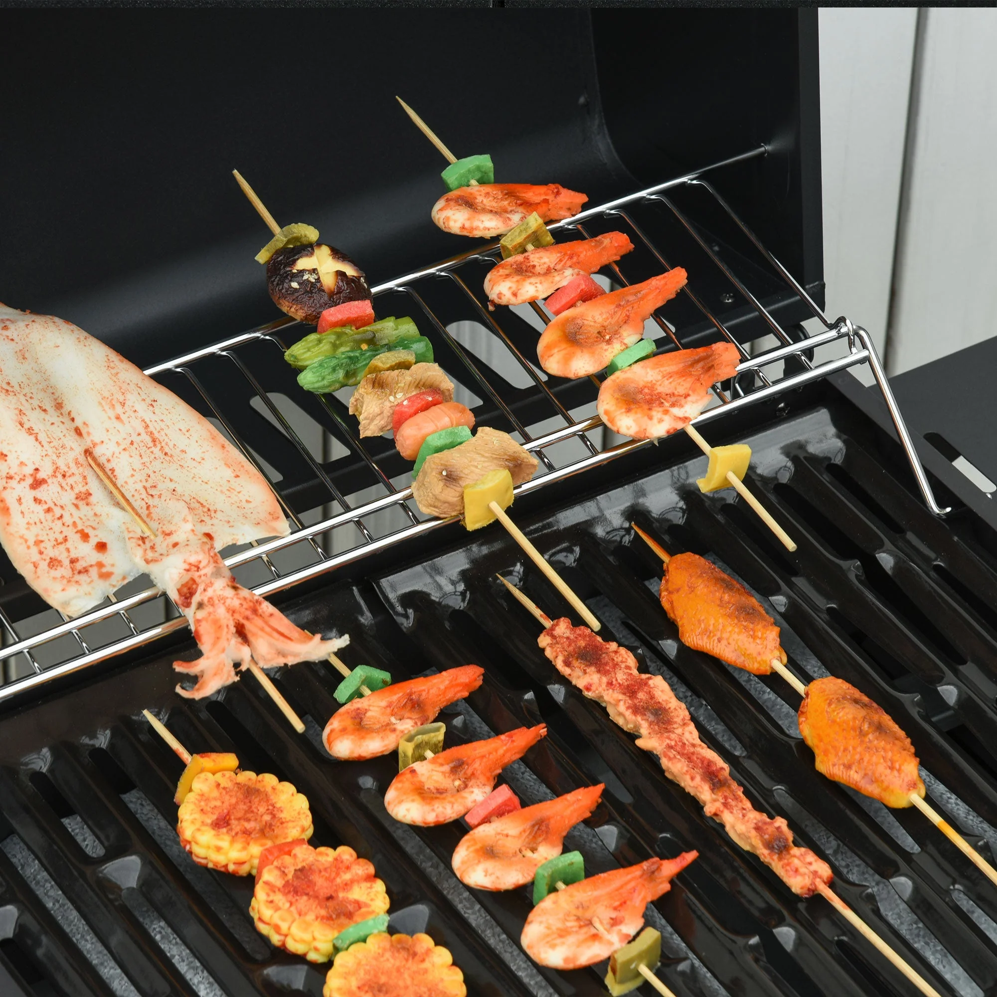 Outsunny Gas Burner Barbecue Grill 3+1 Burner Garden Bbq Trolley W/ Side Burner Warming Rack Side Shelves Storage Cabinet Piezo Ignition Thermometer 110X50X100cm - Image 9