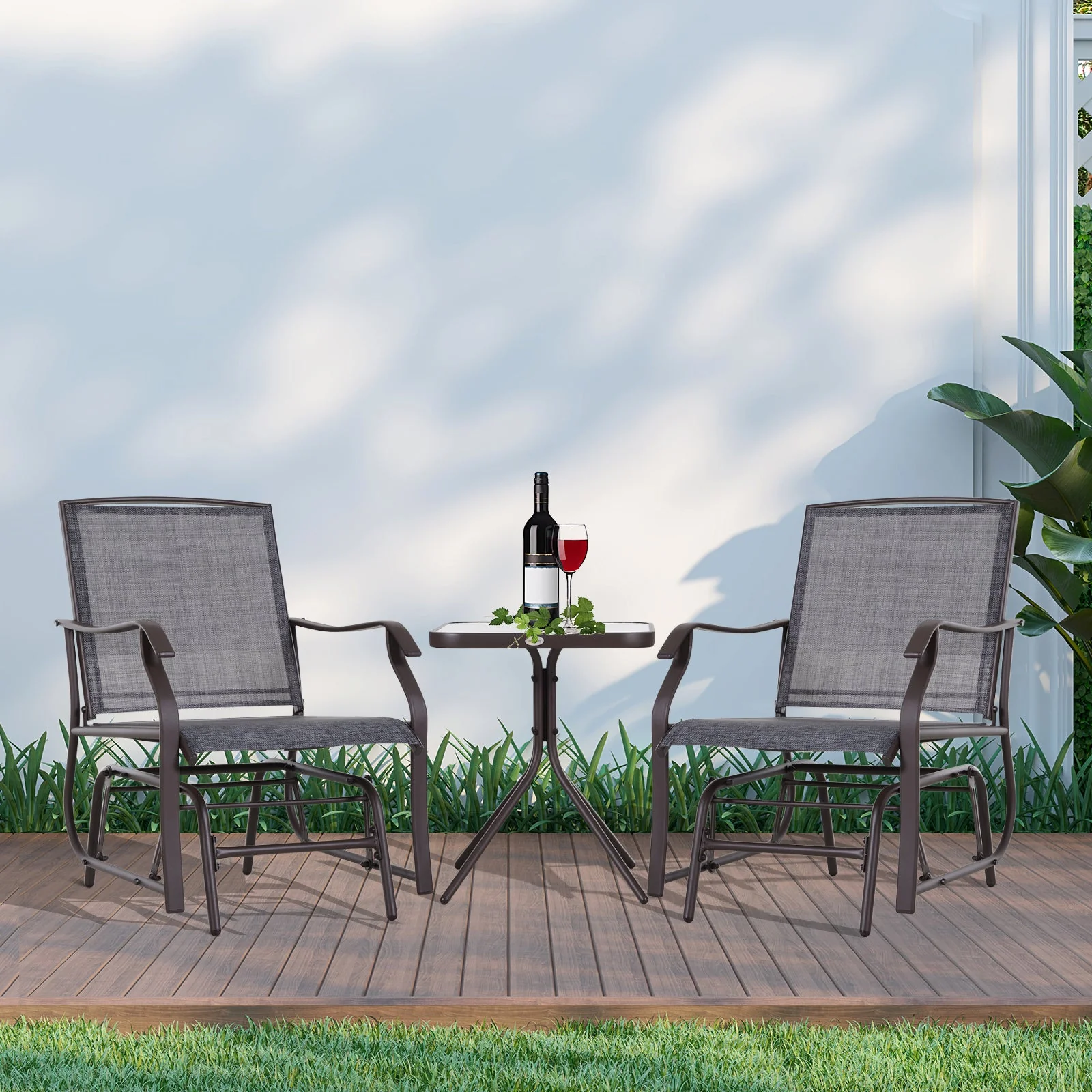 Outsunny Glider Rocking Chair & Table Set 2 Single Seaters Rocker Garden Swing Chair Patio Furniture Bistro Set Grey - Image 2