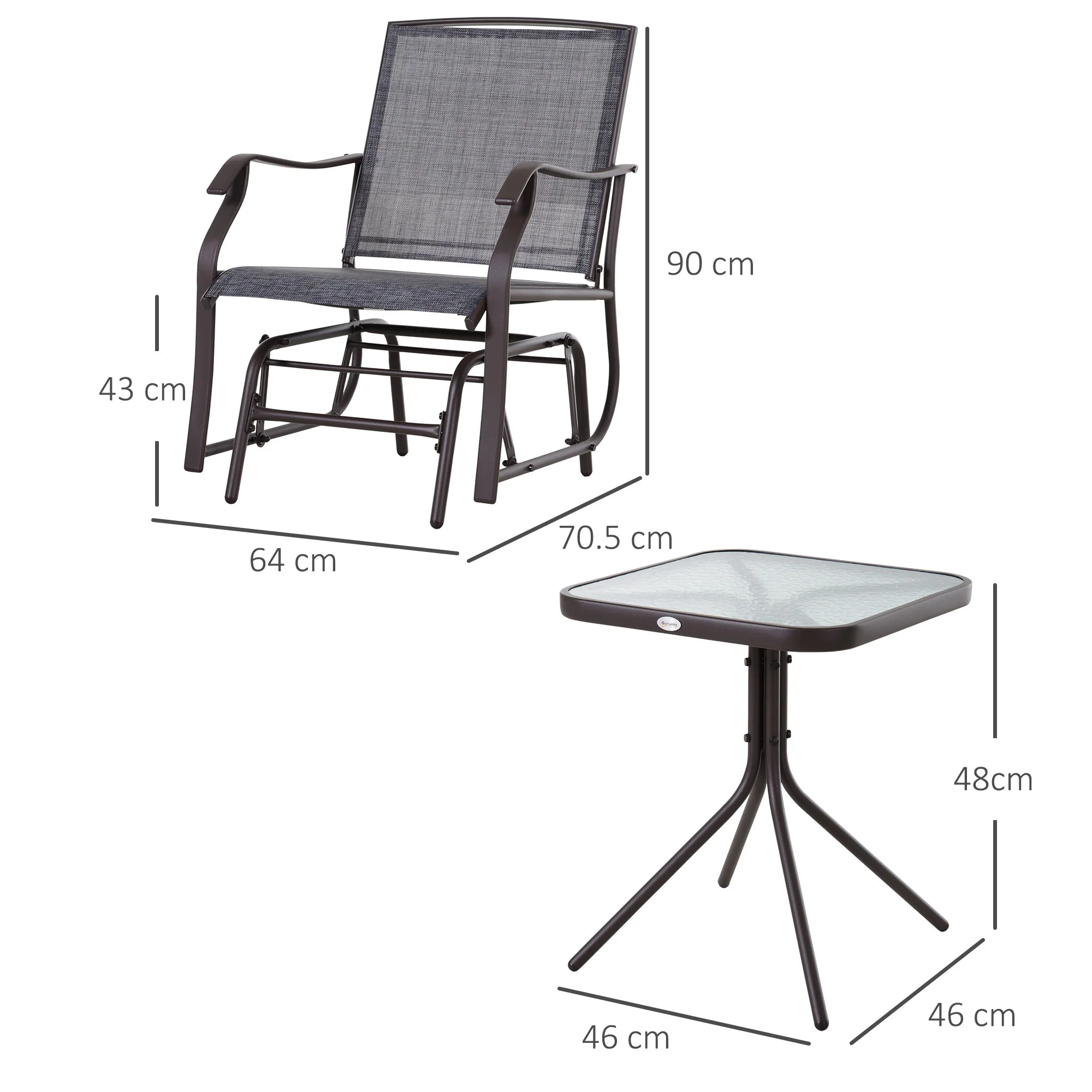 Outsunny Glider Rocking Chair & Table Set 2 Single Seaters Rocker Garden Swing Chair Patio Furniture Bistro Set Grey - Image 3