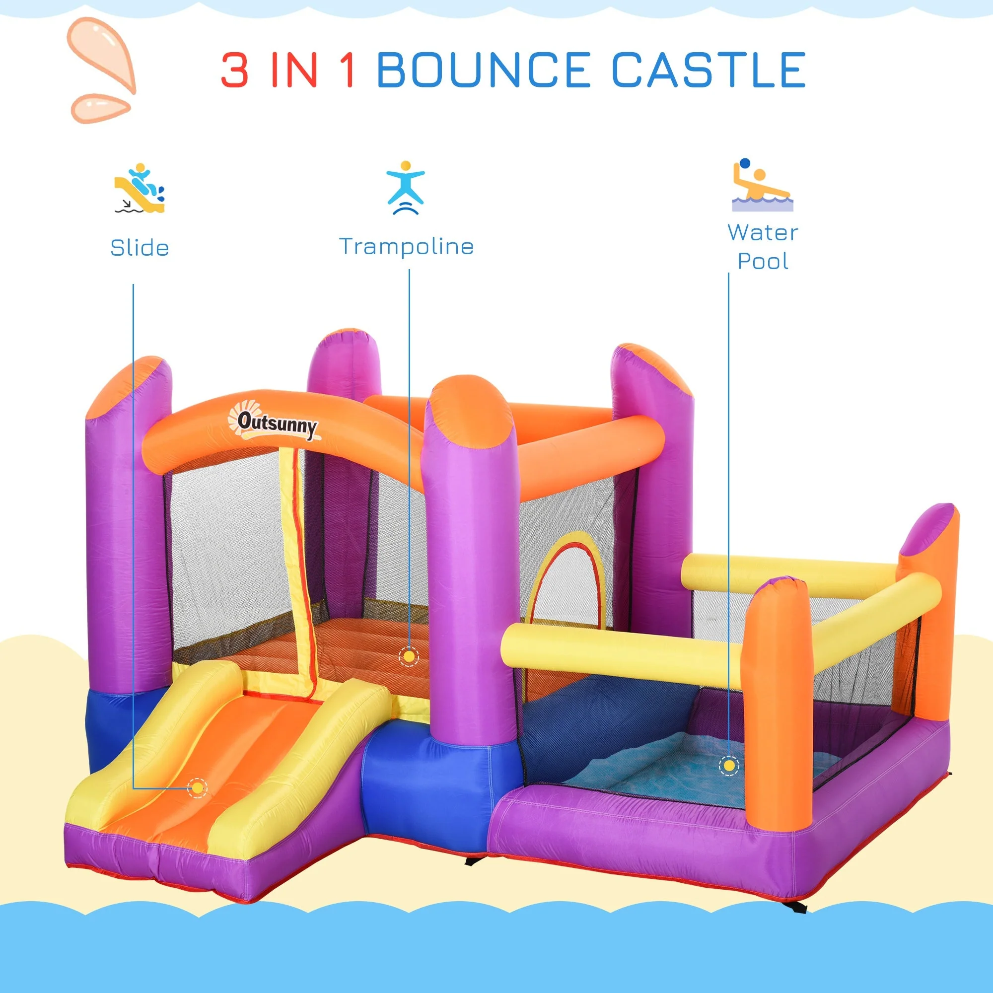 Outsunny Kids Bouncy Castle House Inflatable Trampoline Slide Water Pool 3 In 1 With Blower For Kids Age 3-8 Multi-Color 2.8 X 2.5 X 1.7M - Image 3
