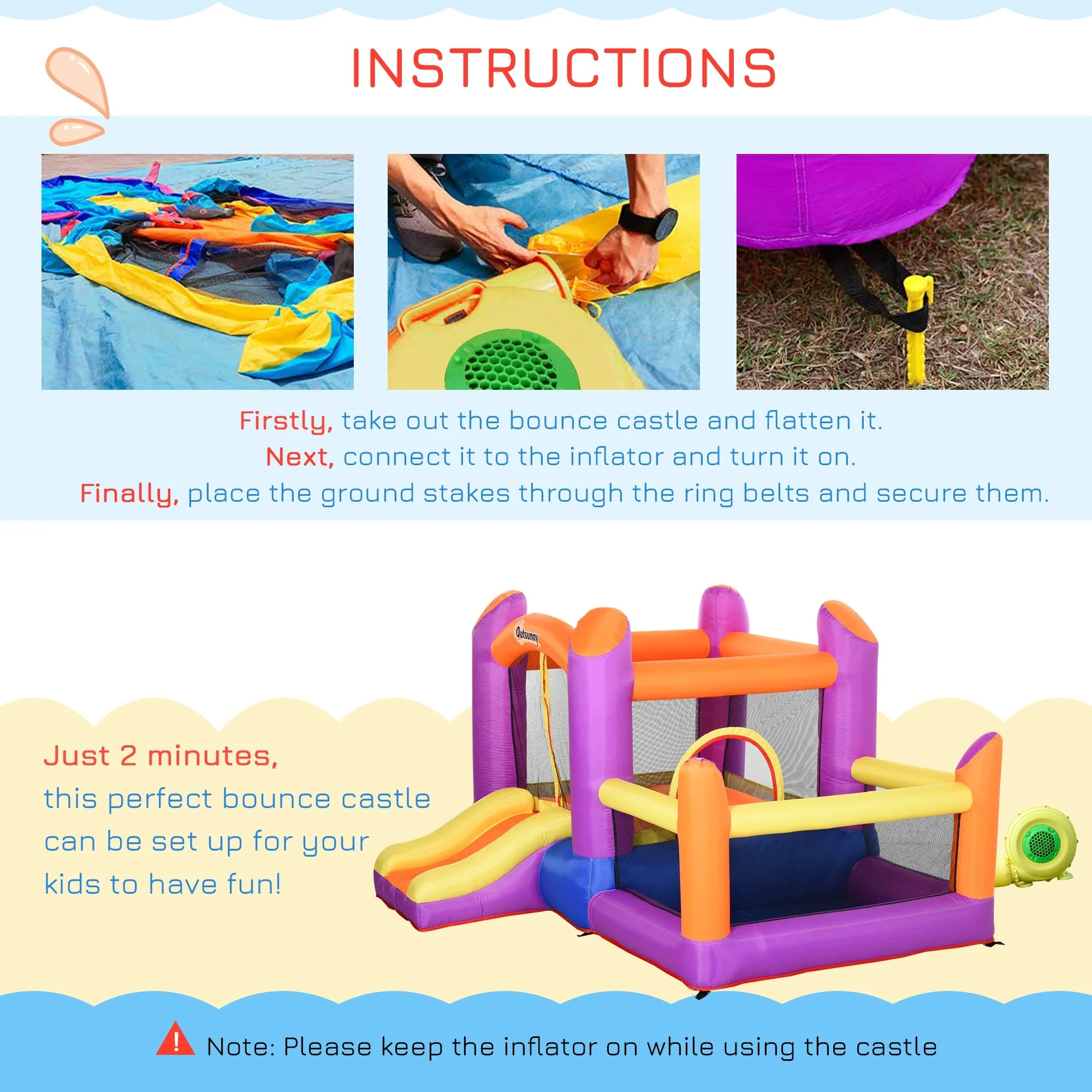 Outsunny Kids Bouncy Castle House Inflatable Trampoline Slide Water Pool 3 In 1 With Blower For Kids Age 3-8 Multi-Color 2.8 X 2.5 X 1.7M - Image 5