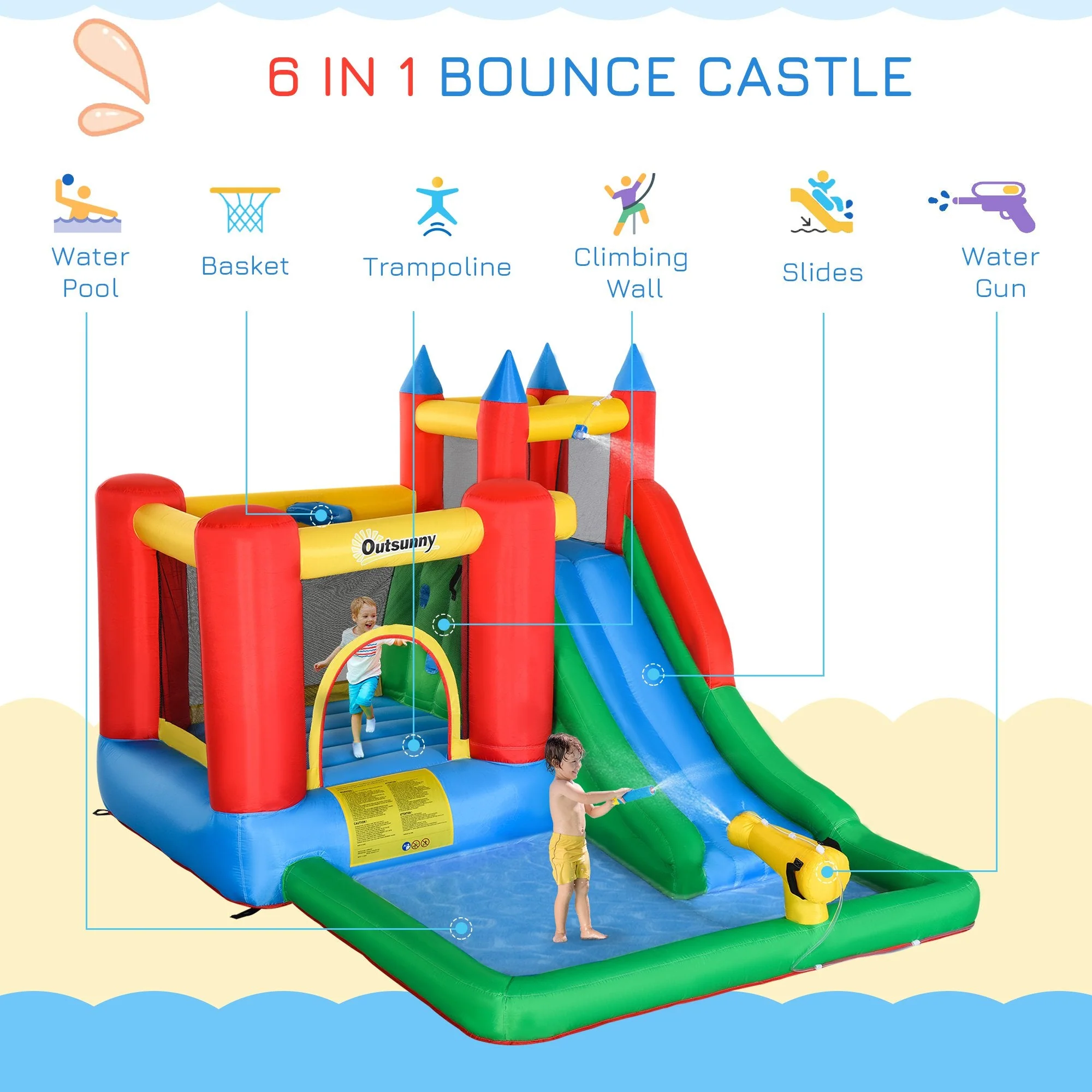 Outsunny Kids Inflatable Bouncy Castle Water Slide 6 In 1 Bounce House Jumping Castle Water Pool Gun Climbing Wall Basket With Air Blower For Summer Playland - Image 3