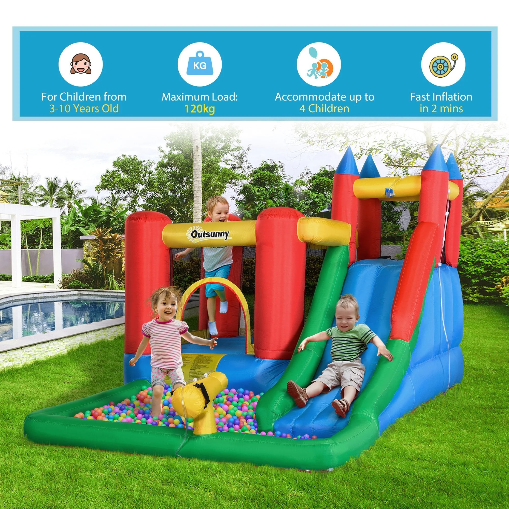 Outsunny Kids Inflatable Bouncy Castle Water Slide 6 In 1 Bounce House Jumping Castle Water Pool Gun Climbing Wall Basket With Air Blower For Summer Playland - Image 6
