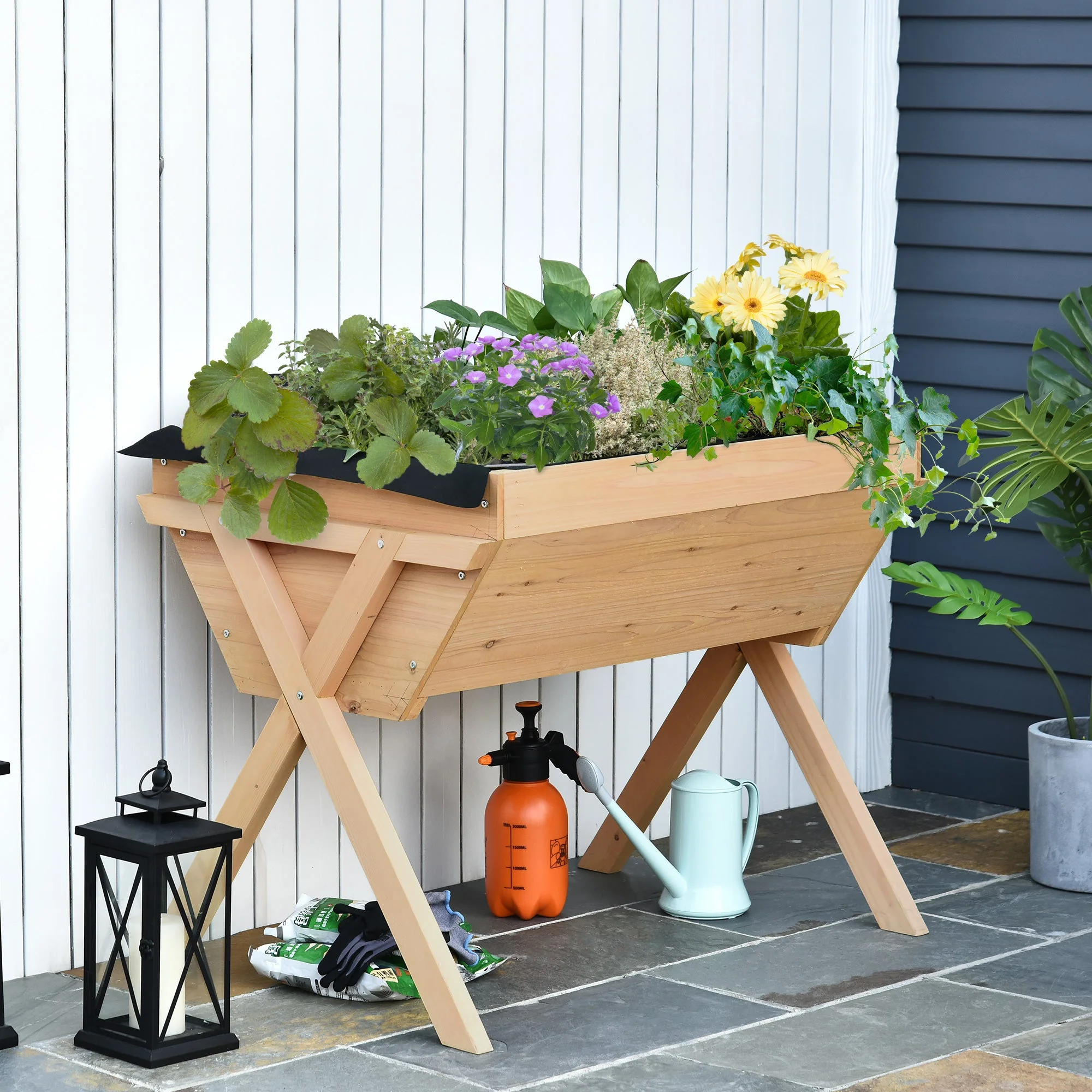 Outsunny Large Fir Wood Raised Plant Stand Oak Tone - Image 2