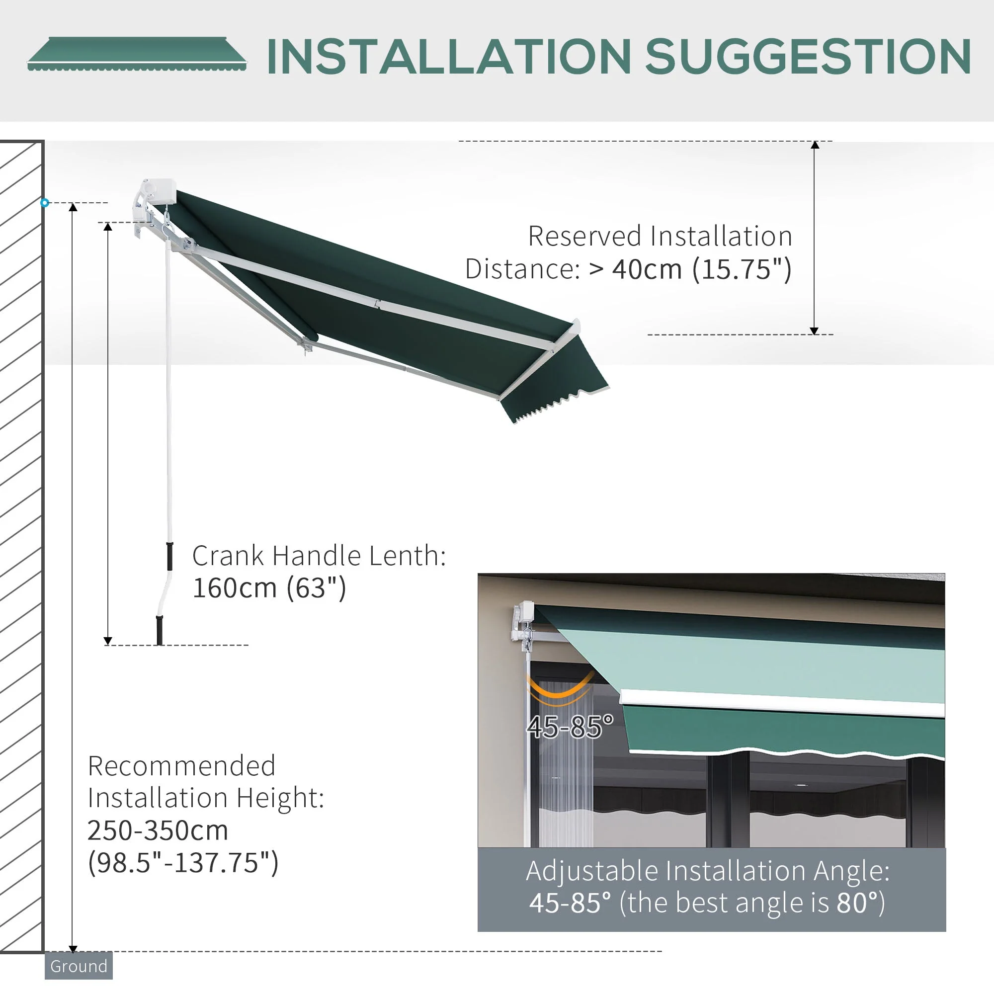 Outsunny Manual Retractable Awning 2.5X2 M-Dark Green - Image 6