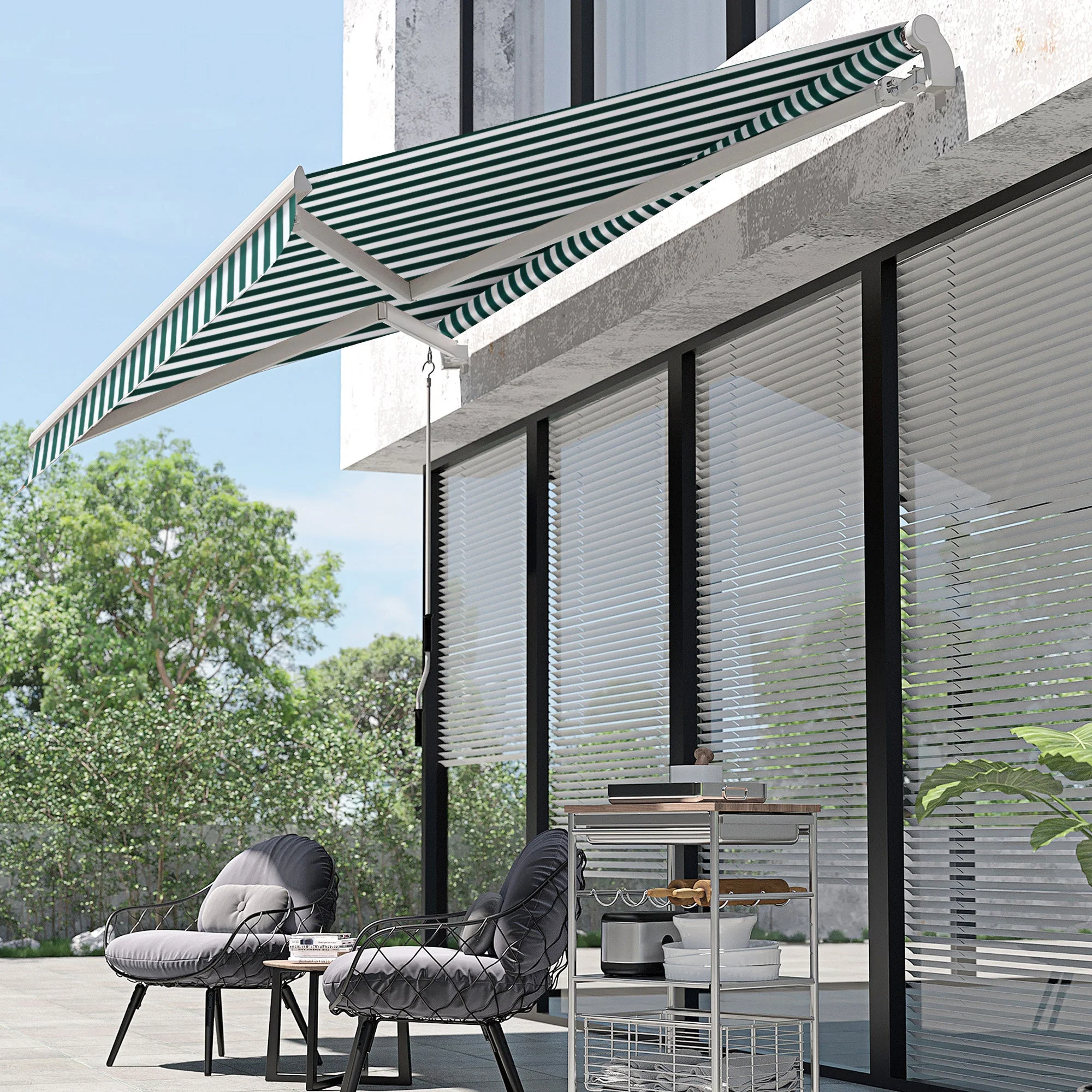 Outsunny Manual Retractable Awning Size (3M X2.5M)-Green/White Stripes - Image 2