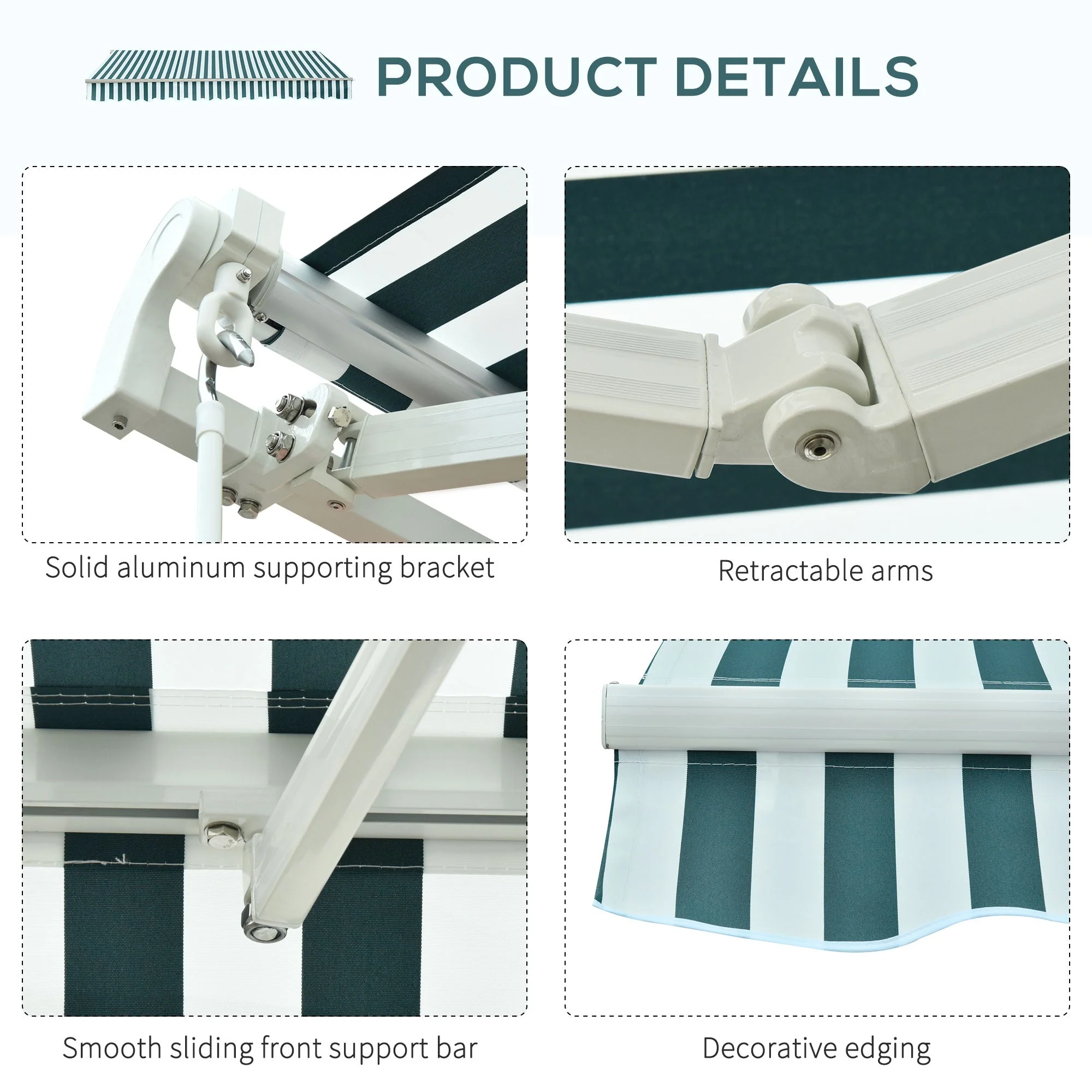 Outsunny Manual Retractable Awning Size (3M X2.5M)-Green/White Stripes - Image 7