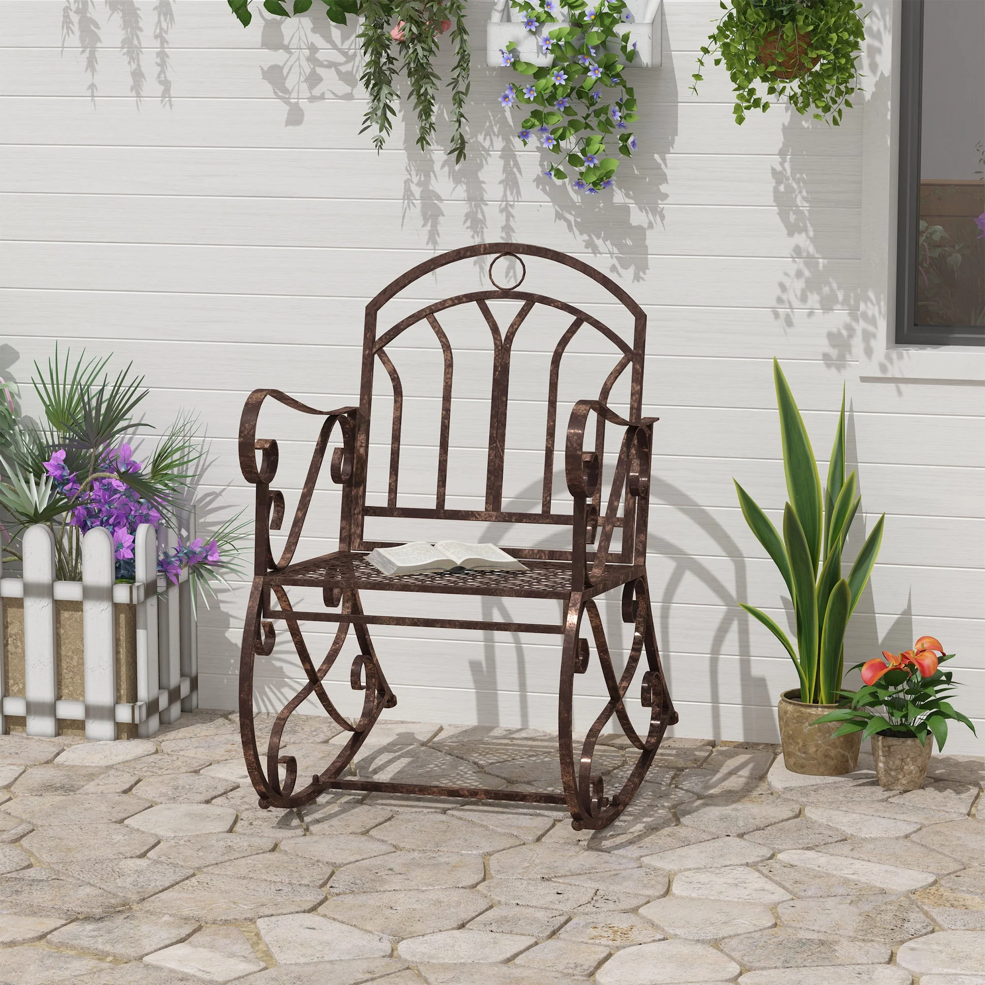 Outsunny Metal Single Chair 1 Seater Garden Outdoor Rocking Chair Vintage Style Bronze - Image 2