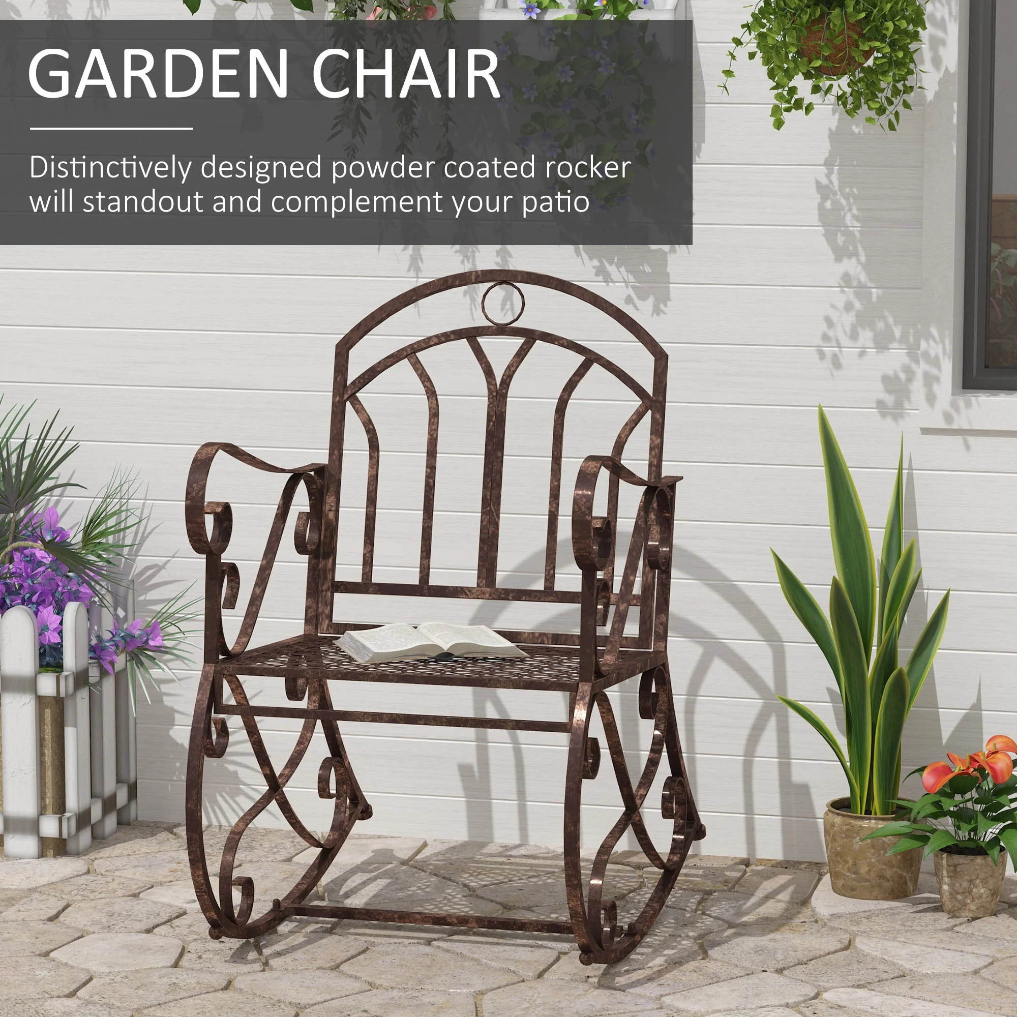 Outsunny Metal Single Chair 1 Seater Garden Outdoor Rocking Chair Vintage Style Bronze - Image 4